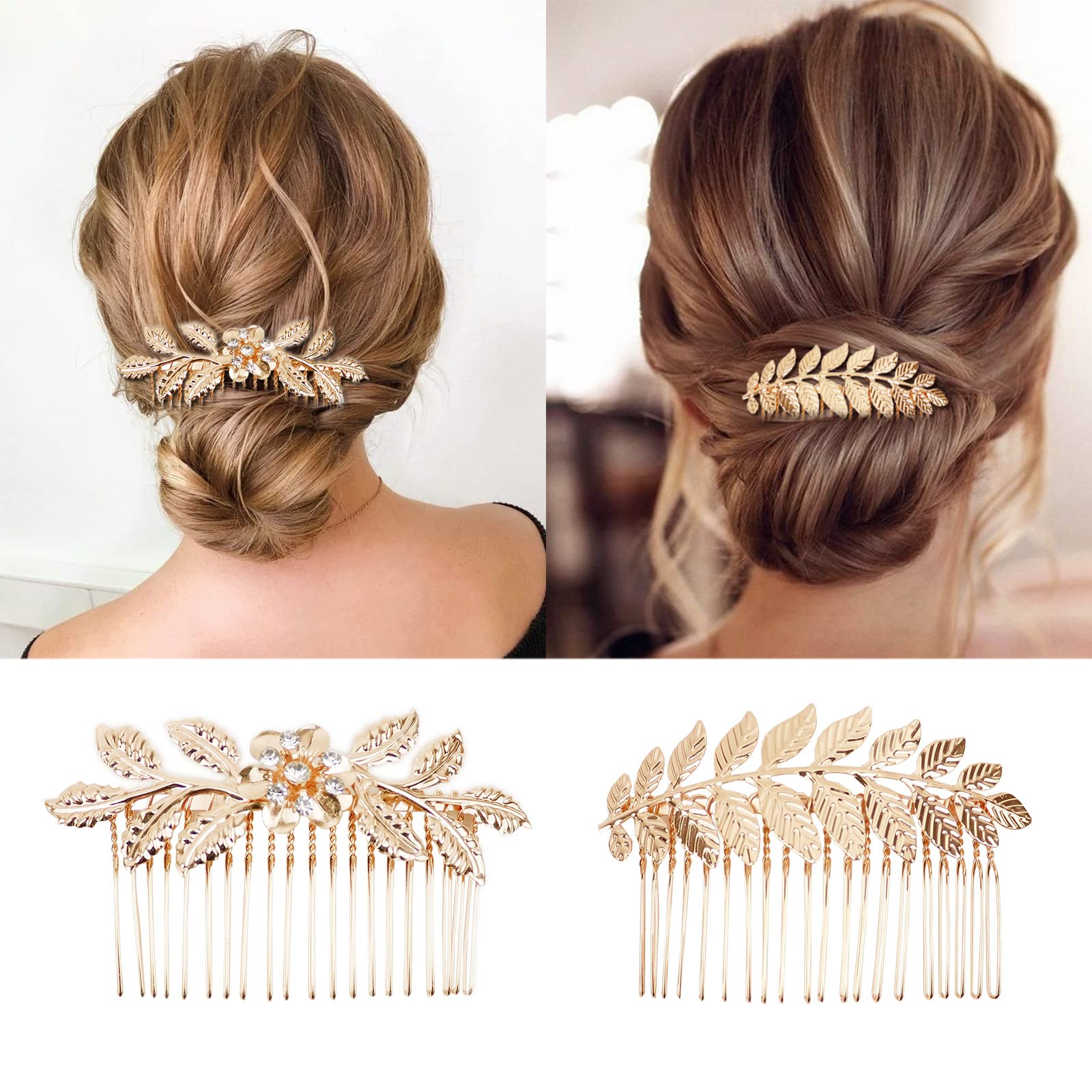 8 Pieces Leaf Hair Side Combs Gold Rhinestone Hair Pins Clips With Teeth Combs For Wedding Hair Accessories For Women, Girls, Br