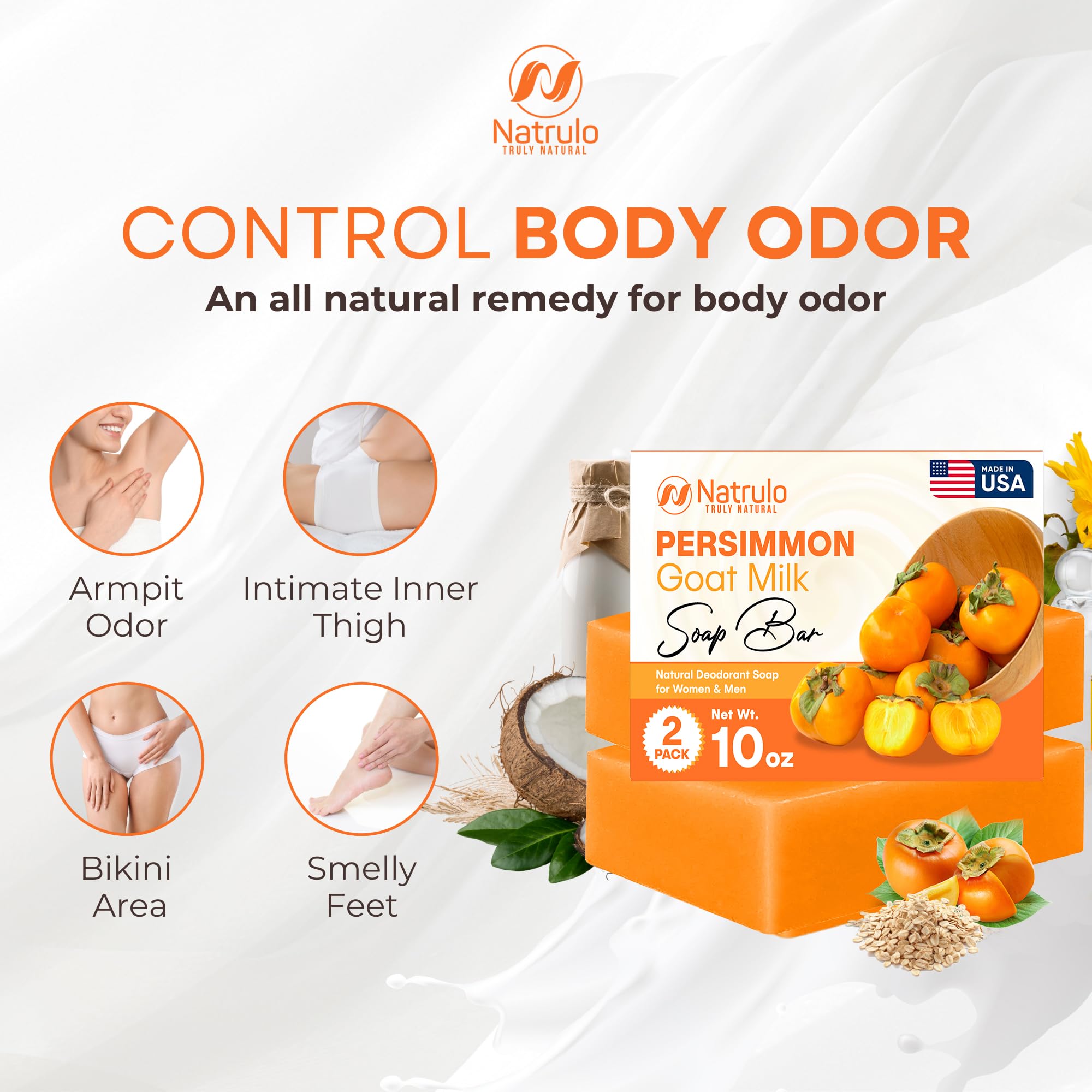 Natrulo Persimmon Soap Bar ?oz Deodorizing Body Wash with Goat Milk for Odor Control & Skin Brightening ?atural Soap for Men & Women