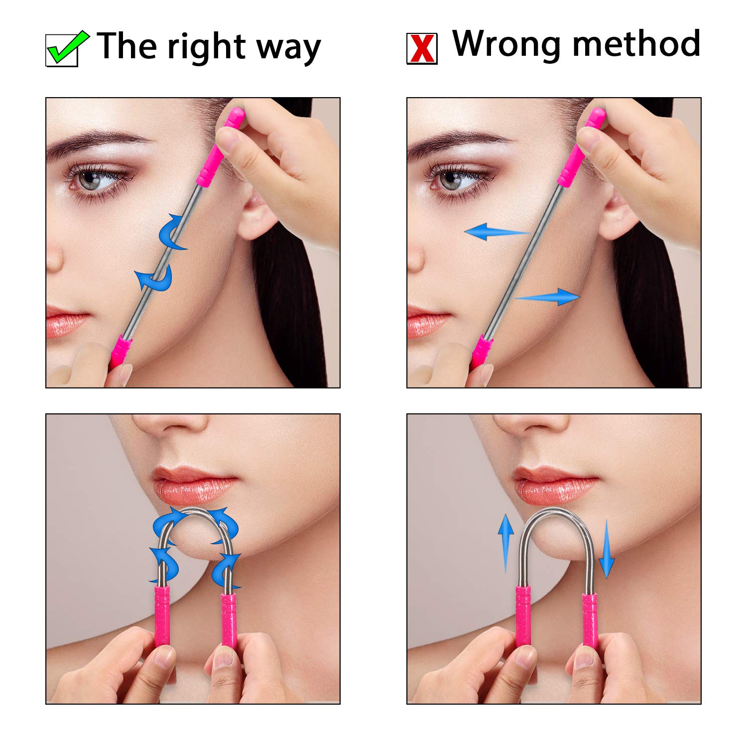 12 Pieces Facial Hair Removal Spring Eyebrow Face Epilator Threading Tool For Women Chin Cheek Mustache Upper Lip (Rose Red, Bla