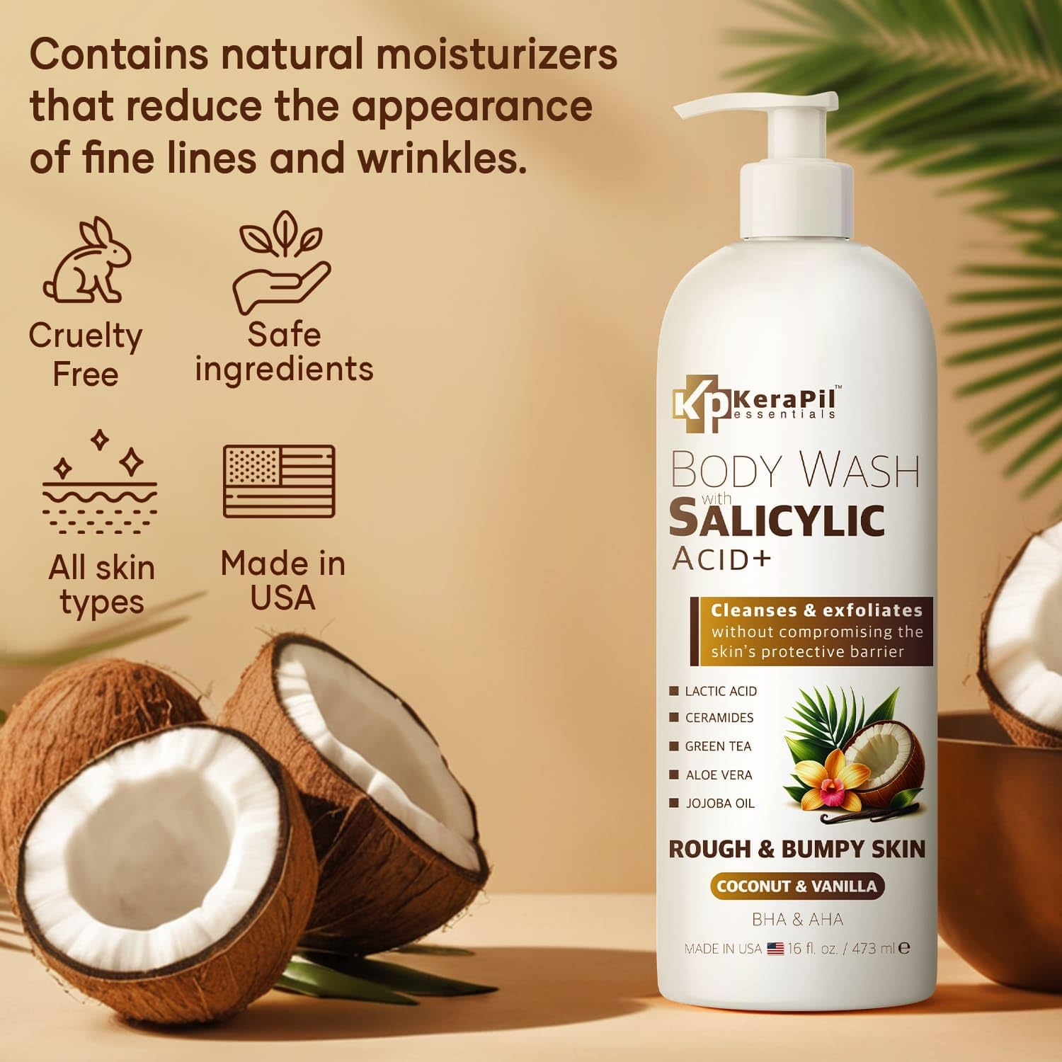 Kerapil Exfoliating Body Wash With Salicylic Acid - No Dry Out, Gentle Exfoliates Rough And Bumpy Skin, Body Acne Wash, Bha & Ah