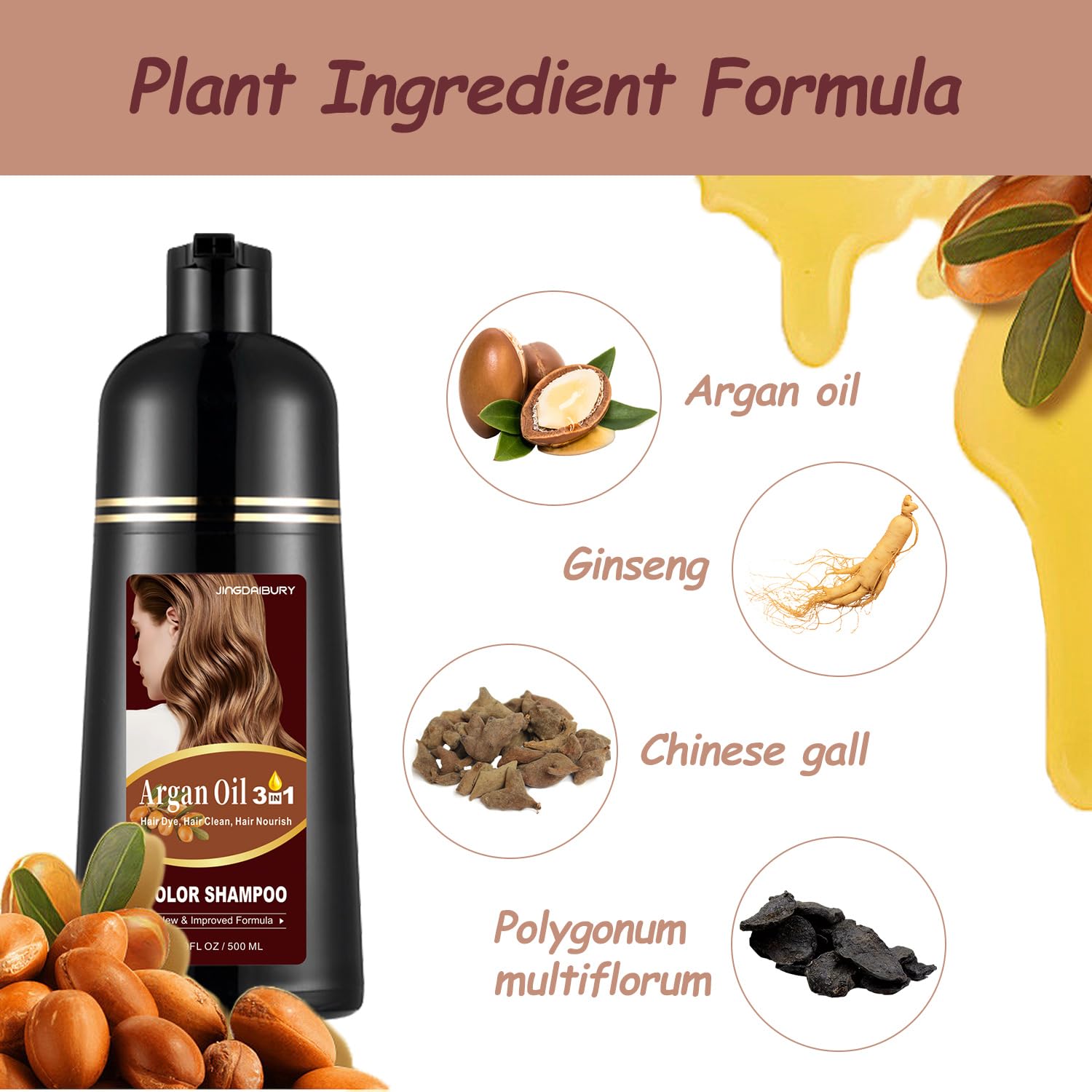 Blonde Brown Hair Dye 16.9 Fl Oz, Argan Oil Blonde Brown Hair Shampoo, 3 In 1 Hair Dye Shampoo, Easy To Use, Semi-Permanent Hair