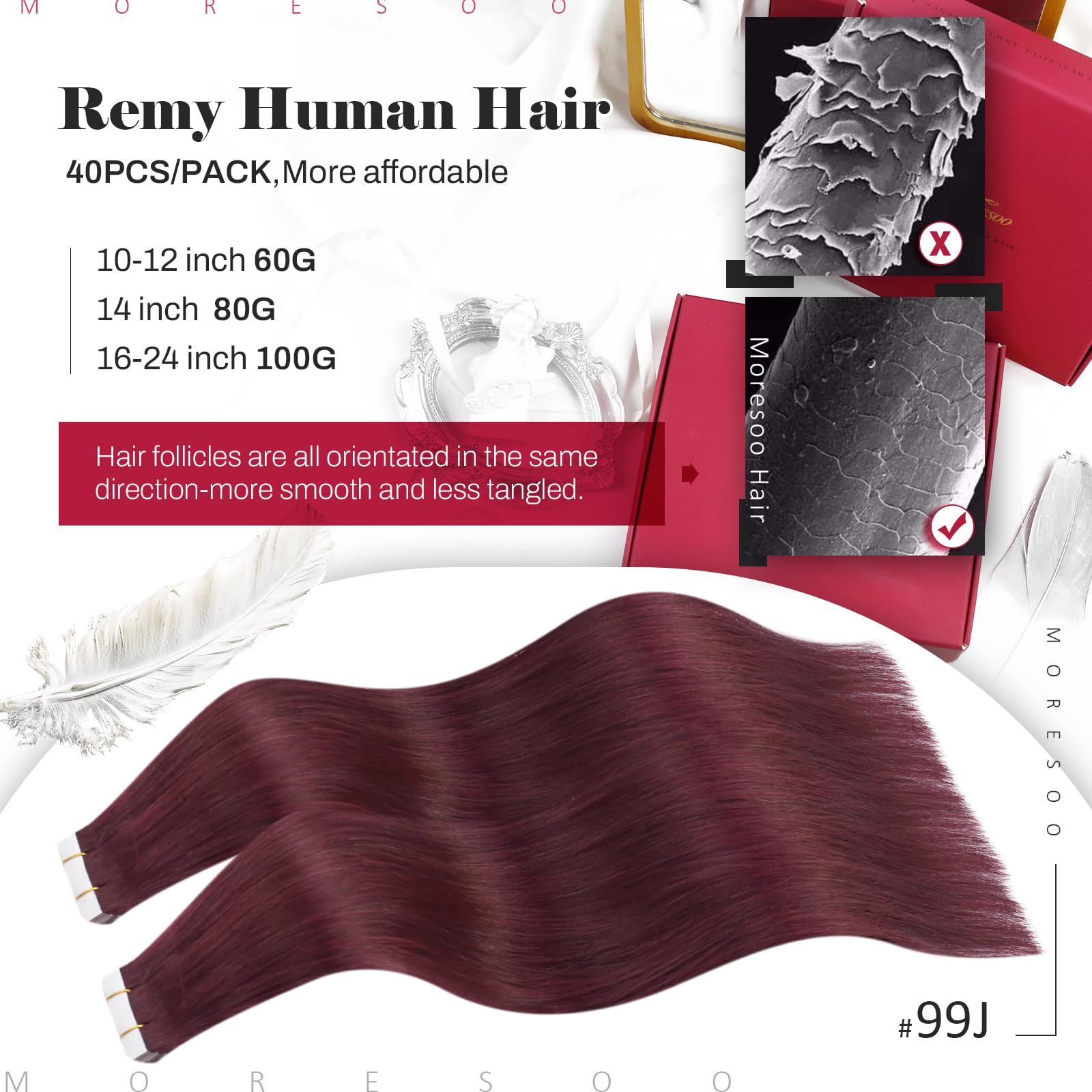 Moresoo 40 Pcs Tape In Hair Extensions Burgundy Hair Extensions For Women 12 Inch Real Human Hair Tape In Extensions 60G Fashion