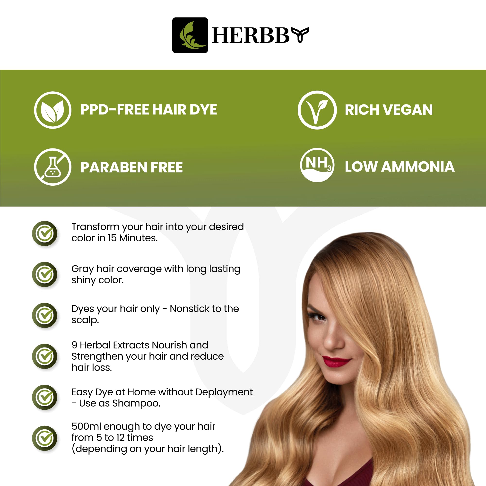 Herbby Hair Color Shampoo For Gray Hair Coverage&Color Transform With 9 Herbal Extracts -Long Lasting (6-8 Weeks), Shiny,Evenly