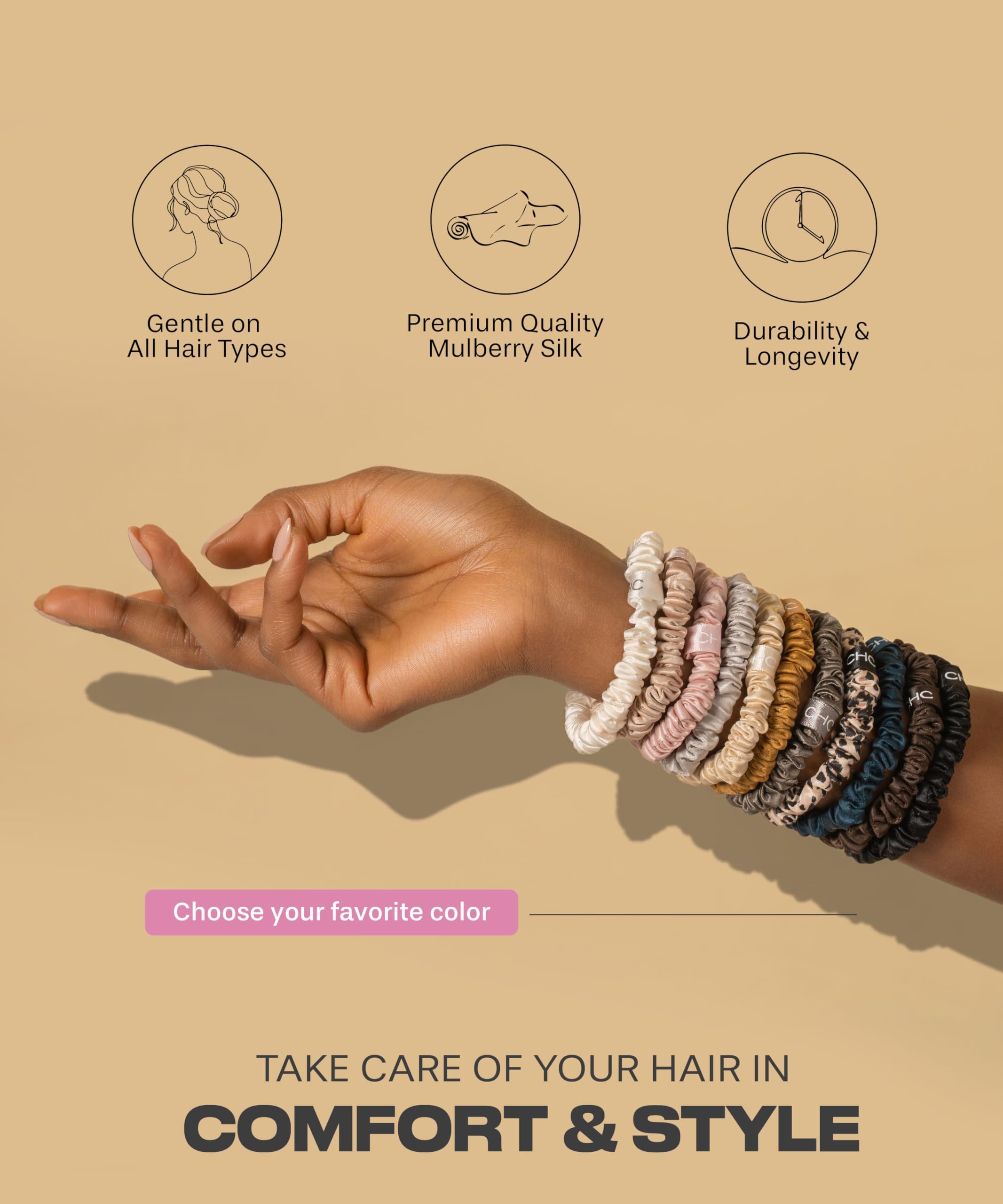 Ch. Skinnies-6 Premium 22 Momme Handmade Scrunchies Set, 100% Pure Silk Ties For Hair & Sleep | Style: Wild, Black & Gold