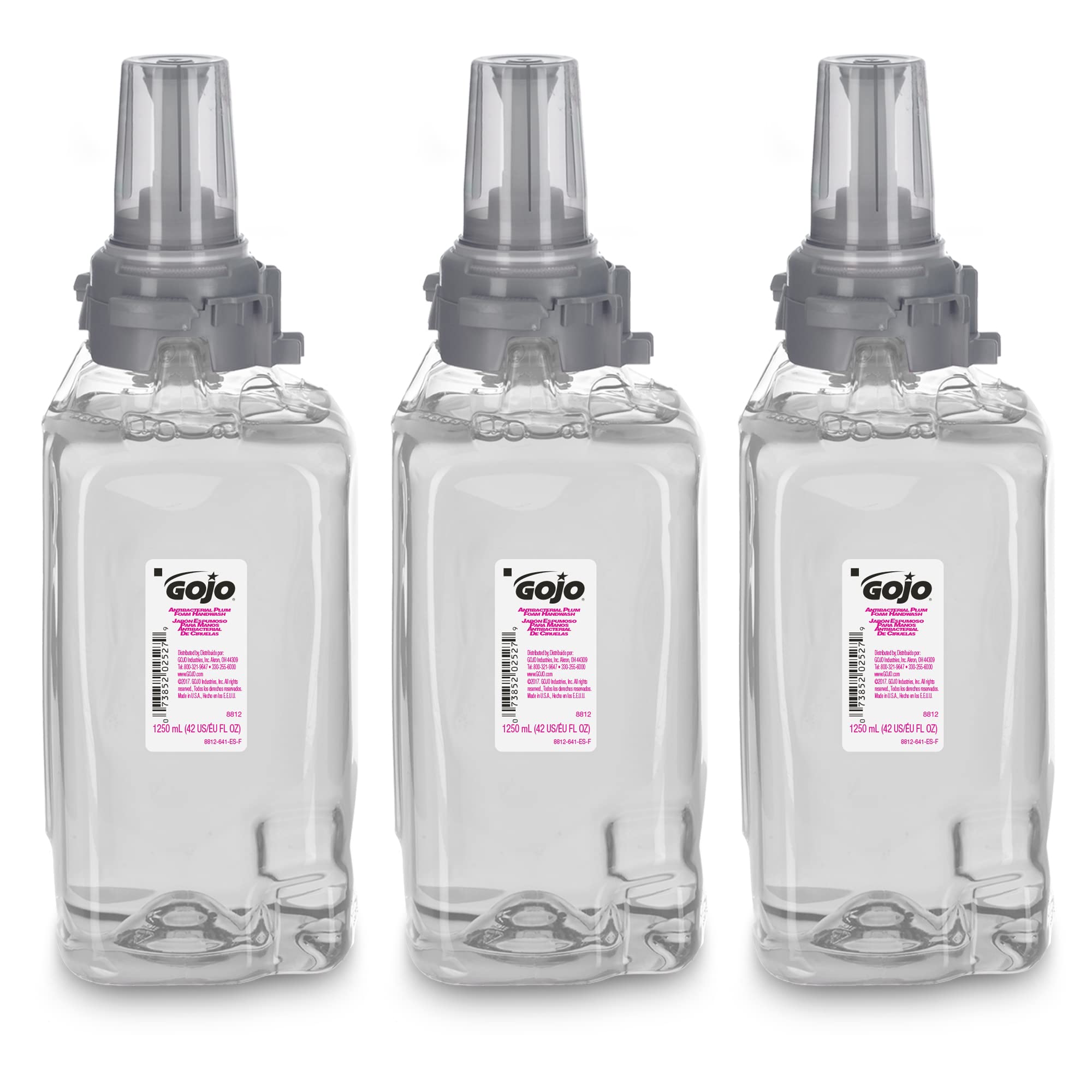Gojo Antibacterial Foam Handwash, Plum Fragrance, 1250 Ml Soap Refill Adx-12 Push-Style Dispenser (Pack Of 3) - 8812-03