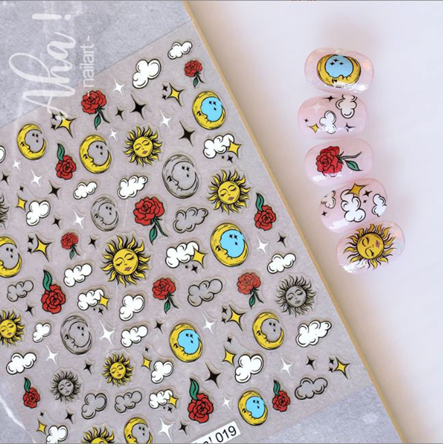 Hand Draw Style Abstract Different Sky Nail Art Stickers Decals Sun Moon Star Cloud Rose Nail Art Sticker 3D Self Adhesive Diy D