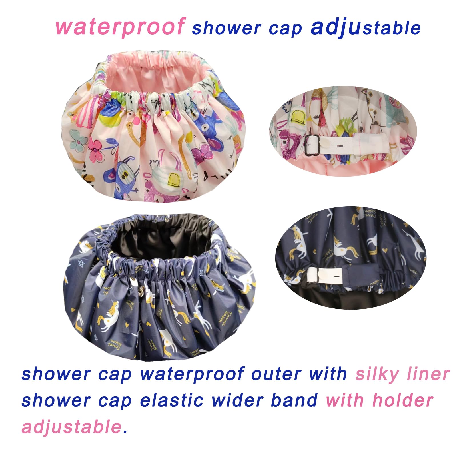 2Pcs Luxury Shower Cap For Women Machine Washable, Extra Large And Reusable Silky Satin Lined Shower Cap Waterproof, Adjustable,