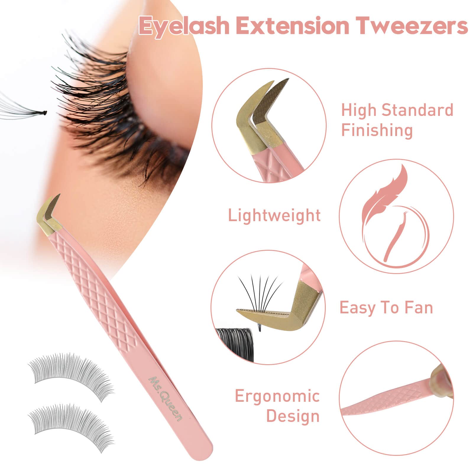 Ms.Queen Lash Tweezers For Eyelash Extensions,Fiber Tip Eyelash Tweezers For Mink Lashes Fan Making Mega Volume Boot Lashing Twe