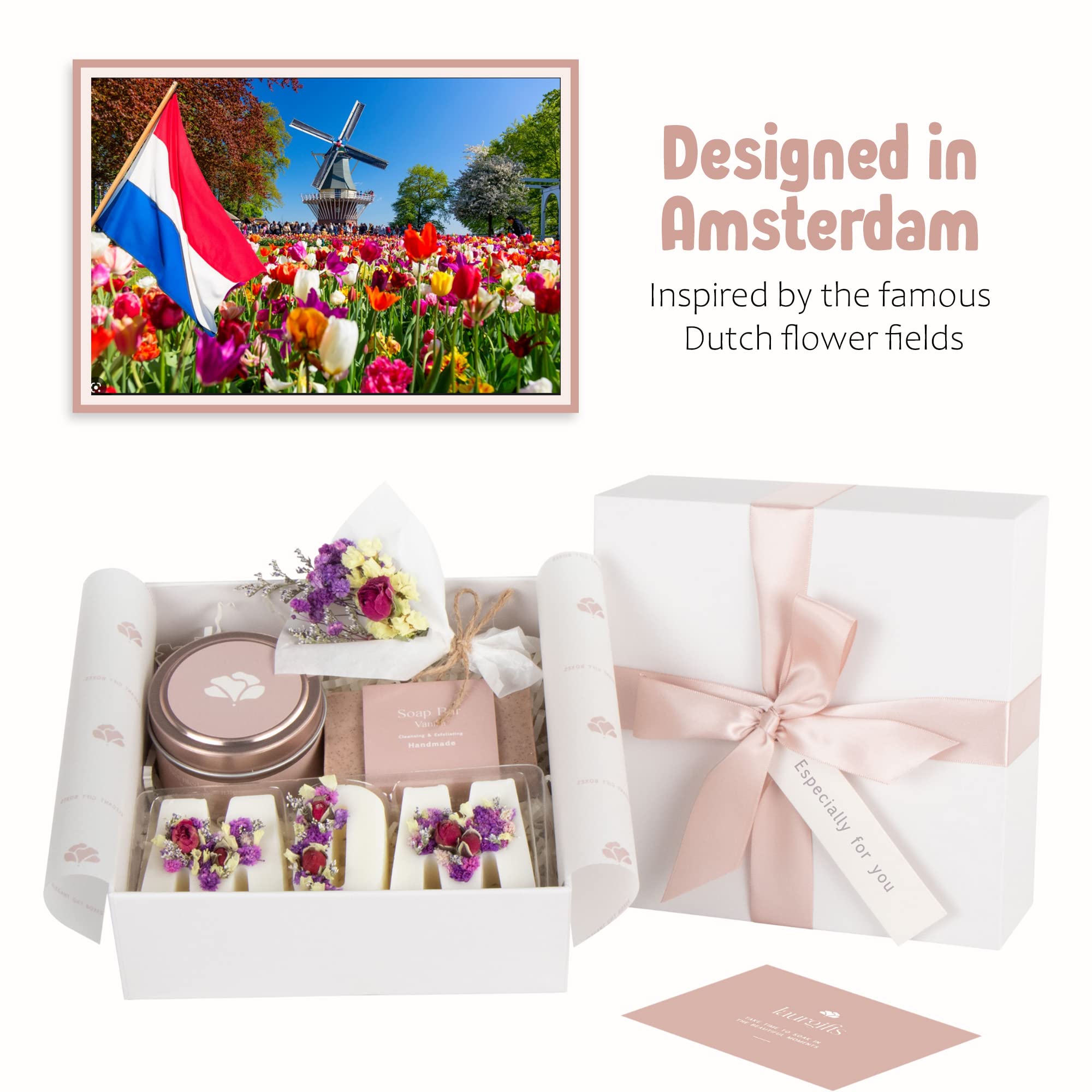 Laurgifts Birthday Gift For Mom Gift Basket For New Mom Gift For Women - Dutch Flower Fields Inspired Home Spa Gift Basket For W