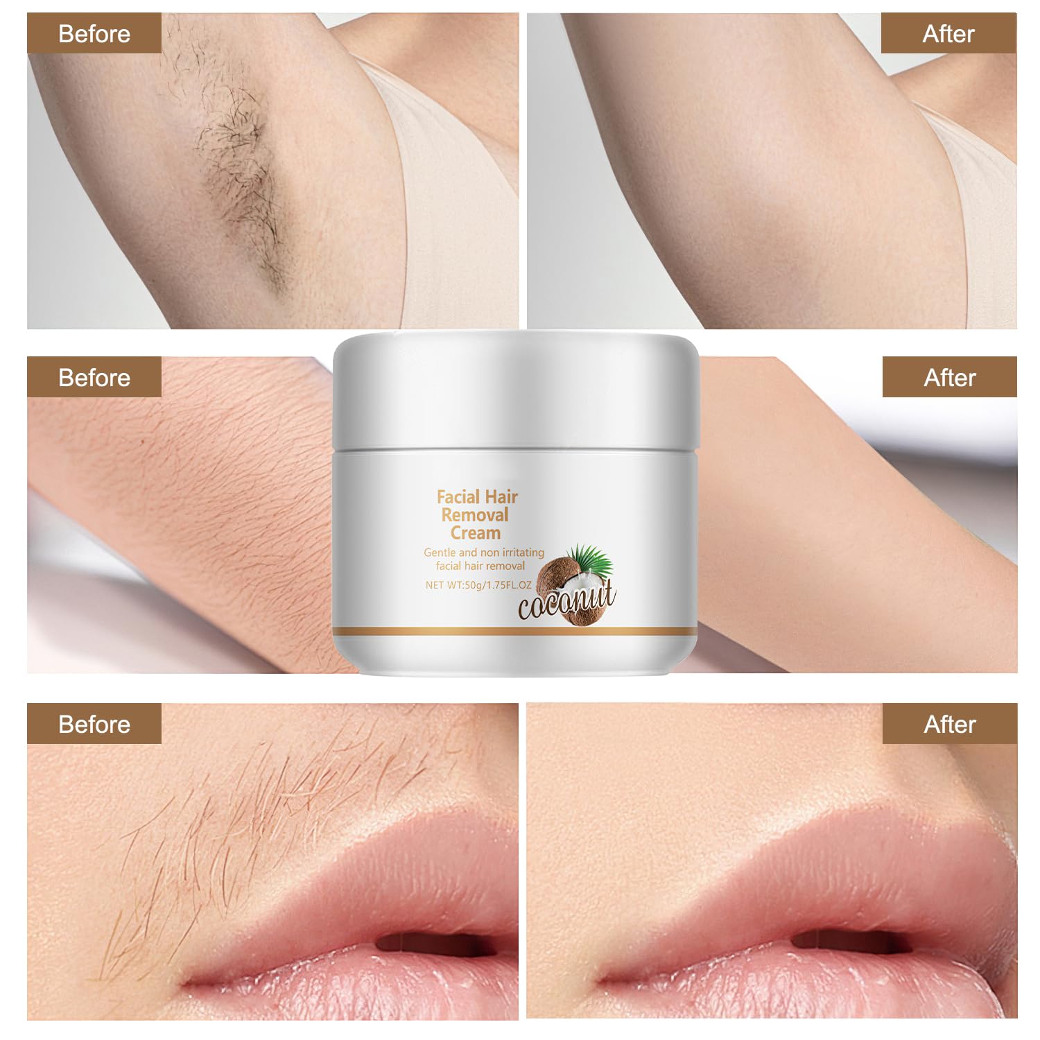 Facial Depilatory Cream, Coconut Facial Hair Removal Cream For Upper Lip And Chin For Women, Womens Facial Hair Remover For Sens