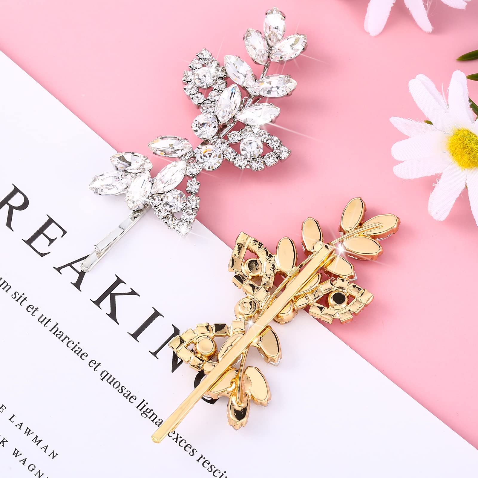 Waydress 4 Pieces Rhinestone Hair Clip Set, Leaf Wedding Hairpin Bride Pearl Crystal Hair Clips Rhinestone Barrette Elegant Brid