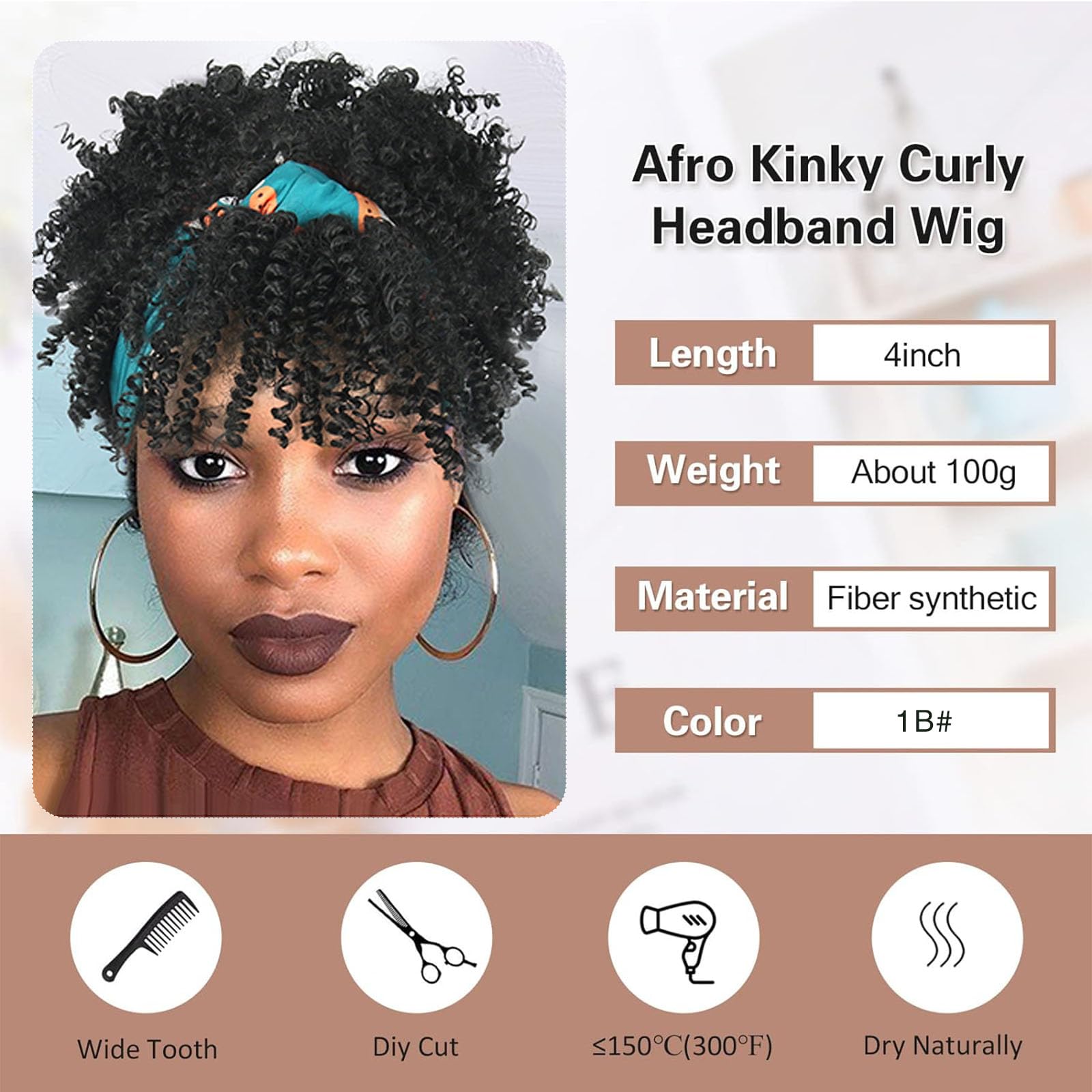 Aisaide Short Afro Curly Headband Wig With Bangs Afro Black Headband Wigs For Black Women High Puff Scarf Wigs Black Wig With He