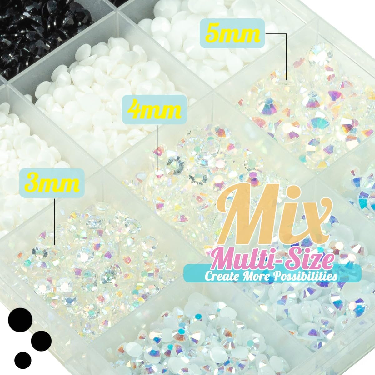 qiipii Pure Black White Jelly Resin Rhinestones, 3mm-5mm Flatback AB Stones for Crafting, Makeup, Tumblers - Bulk No-Hotfix Gems