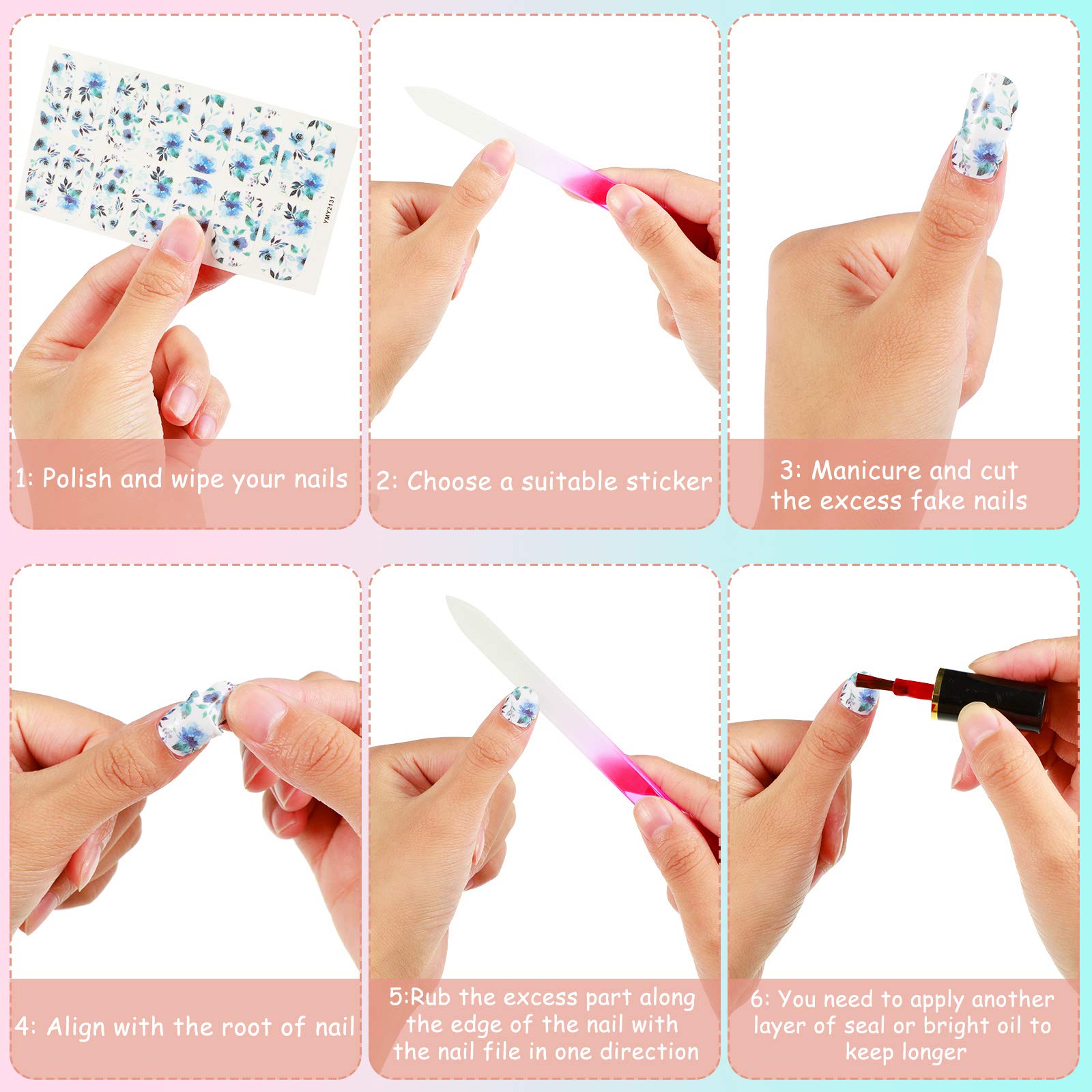 168 Pieces 12 Sheets Full Wraps Nail Polish Stickers Flower Print Self-Adhesive Nail Art Decal Strips Manicure Kits Colorful Flo