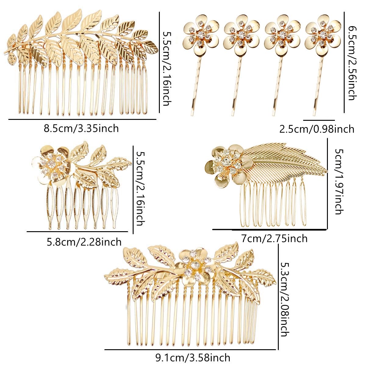 8 Pieces Leaf Hair Side Combs Gold Rhinestone Hair Pins Clips With Teeth Combs For Wedding Hair Accessories For Women, Girls, Br