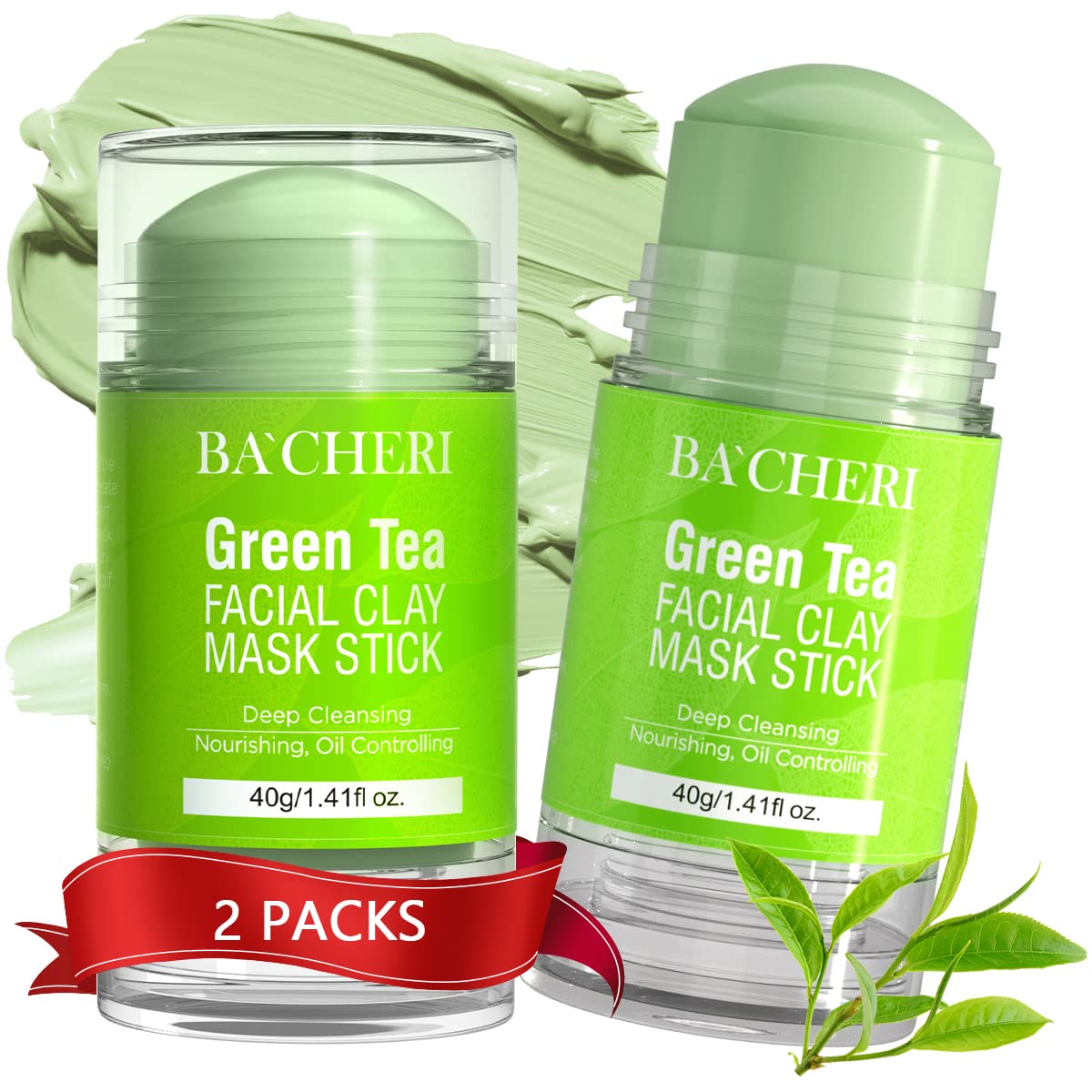 BACHERI 2 Pcs Green Tea Mask Stick, Blackhead Remover Mask with Green Tea Extract, Green Mask Stick for Deep Pore Cleansing, Moi