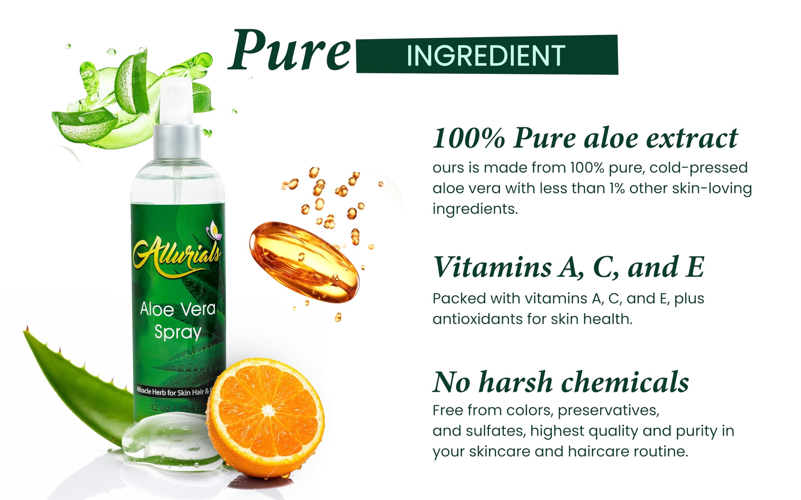 Allurials 100% Pure & Organic Aloe Vera Spray, Clinically Tested & Dermatologist Approved, Hydrates & Heals Dry & Damaged Skin &