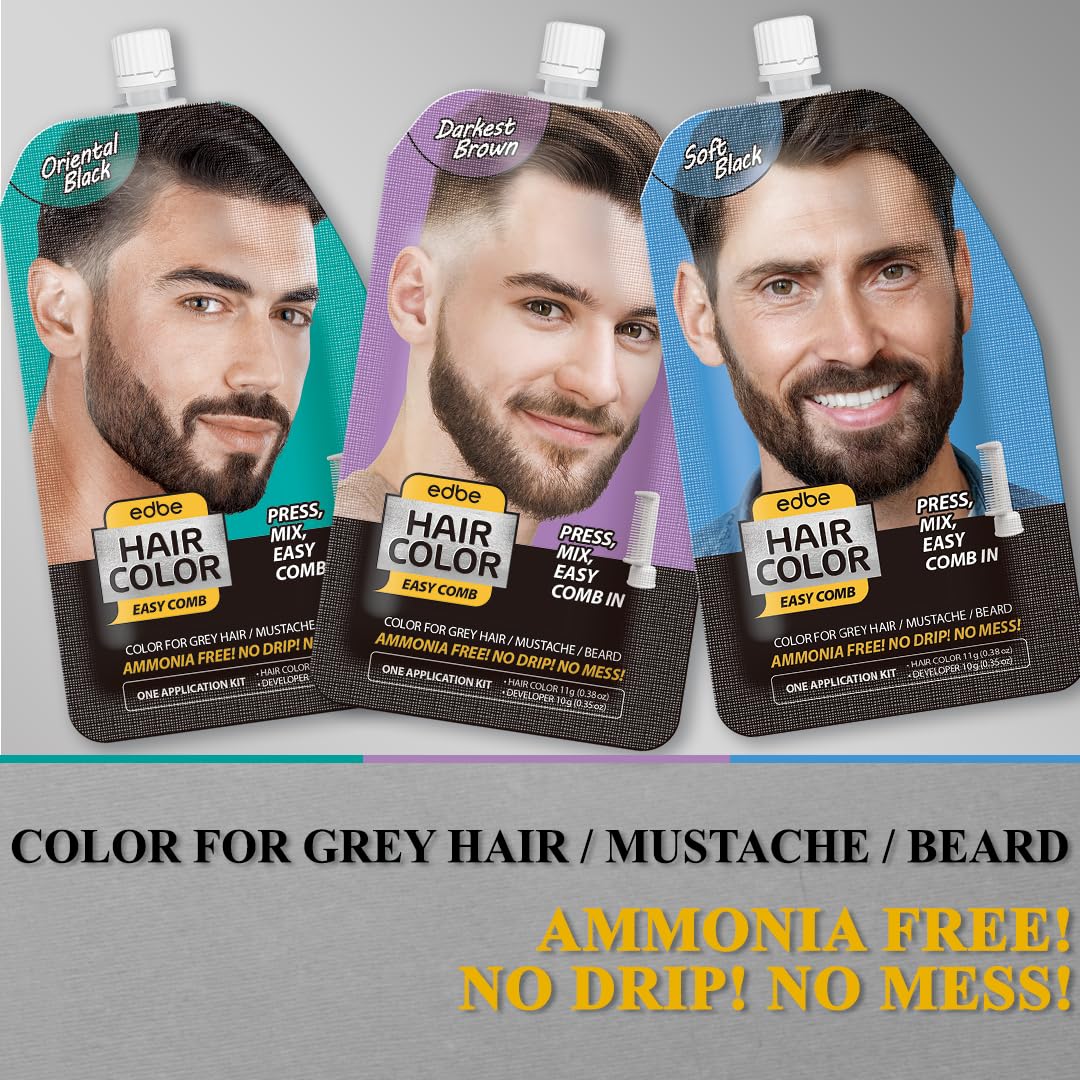 Edbe Hair Color Easy Comb Darkest Brown (2 Pack) - Grey Hair Mustache And Beard Coloring For Men With One Application Kit