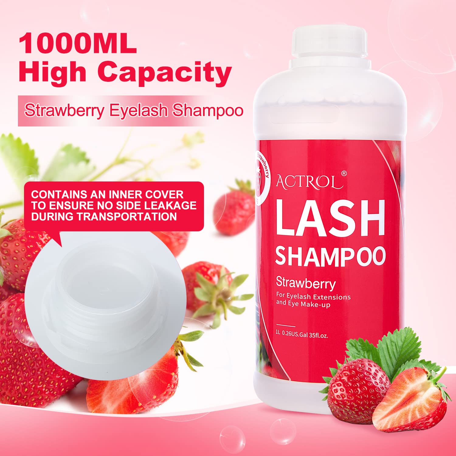 Actrol Eyelash Extension Cleanser Strawberry 1L Natural Lash Extension Shampoo Professional Eyelid Foaming Cleanser Paraben & Su