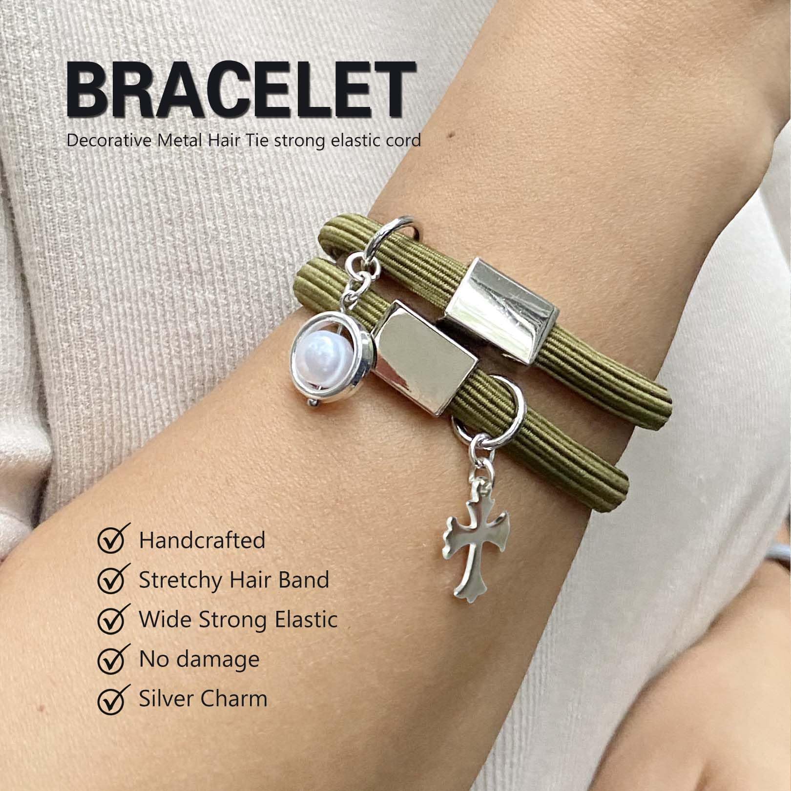 Hair Tie Bracelets With Silver Charm For Women - 8Mm Thick Elastic No-Damage Holders For Cute High Ponytails