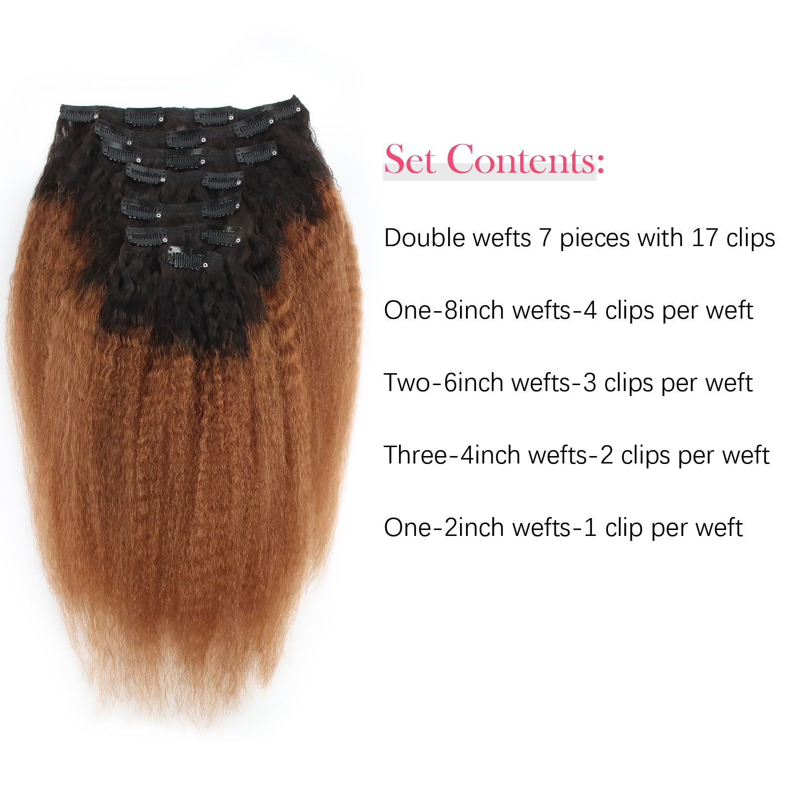 Sassina Kinky Straight Human Hair Extensions Unprocessed Brazilian Virgin Remy Human Hair For Black Women 7 Clips And 120G Gram