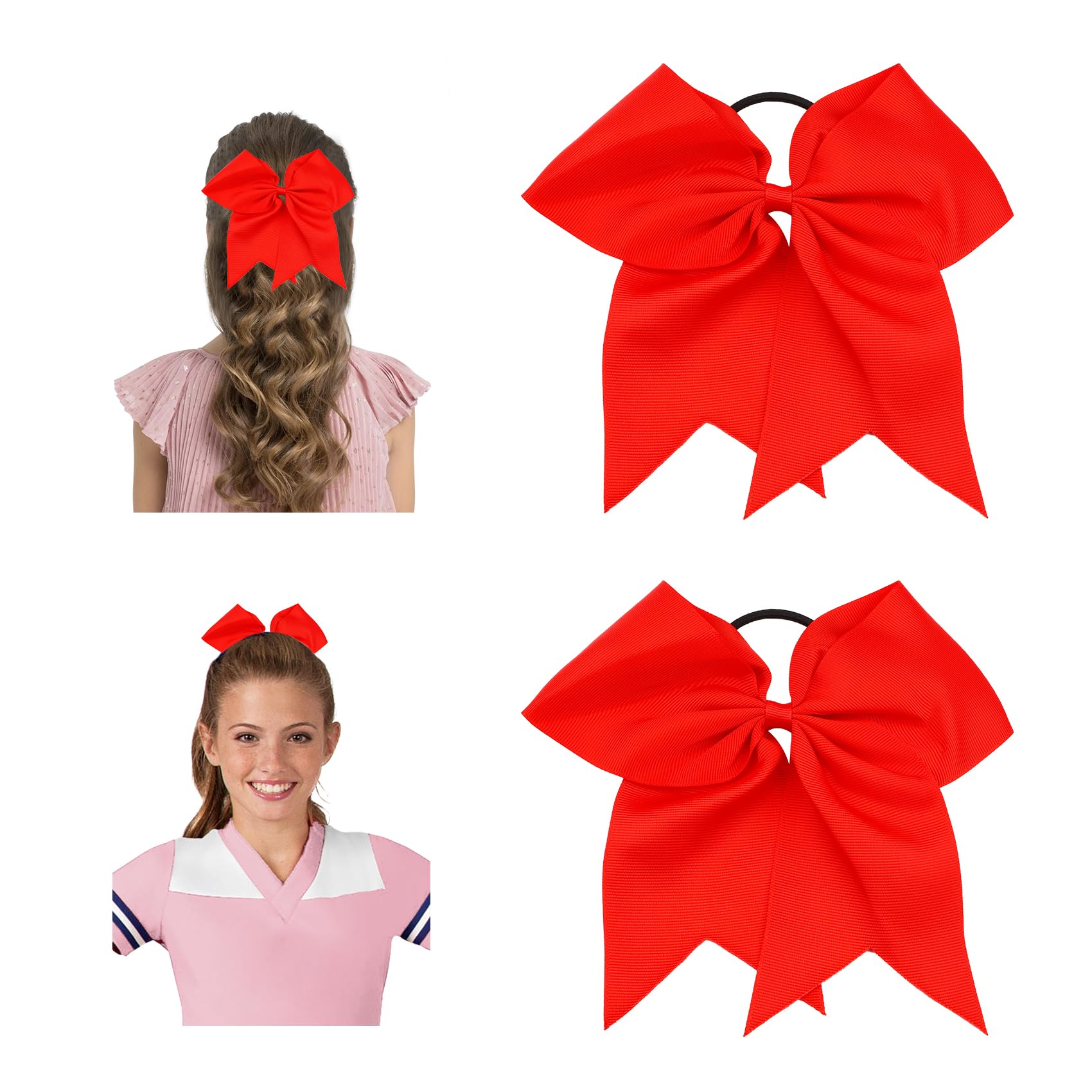 WRNZL Cheer Bows, Red Hair Bow, 2 Pcs Big Red Bow Scrunchies for Girls, Softball Hair Bows, Sports Elastic Ponytail Holder Schoo
