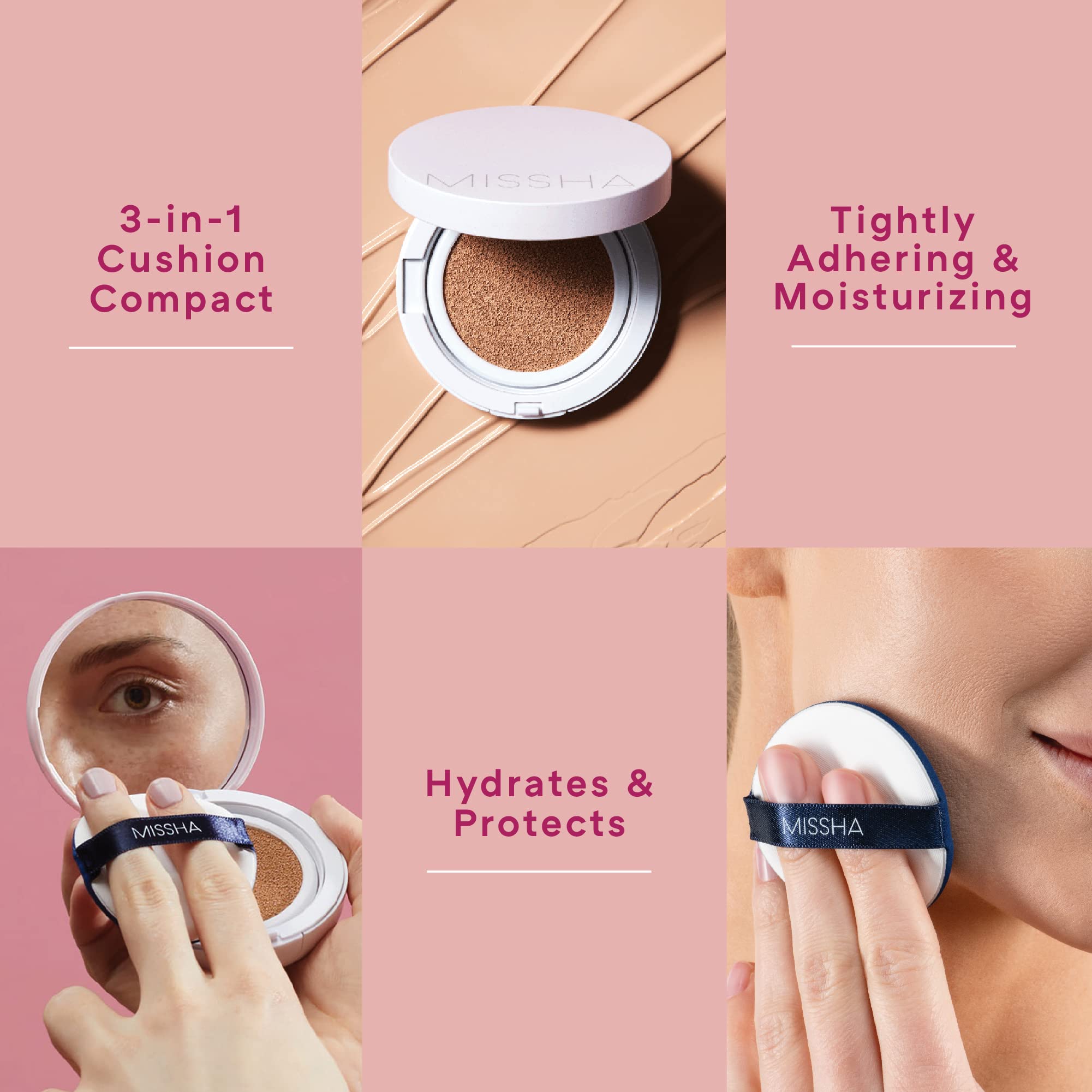 Missha Magic Cushion Moist Up No. 21 Light Beige For Bright Skin, Hydrating 3-In-1 Moisture Korean Cushion Foundation, Long-Last