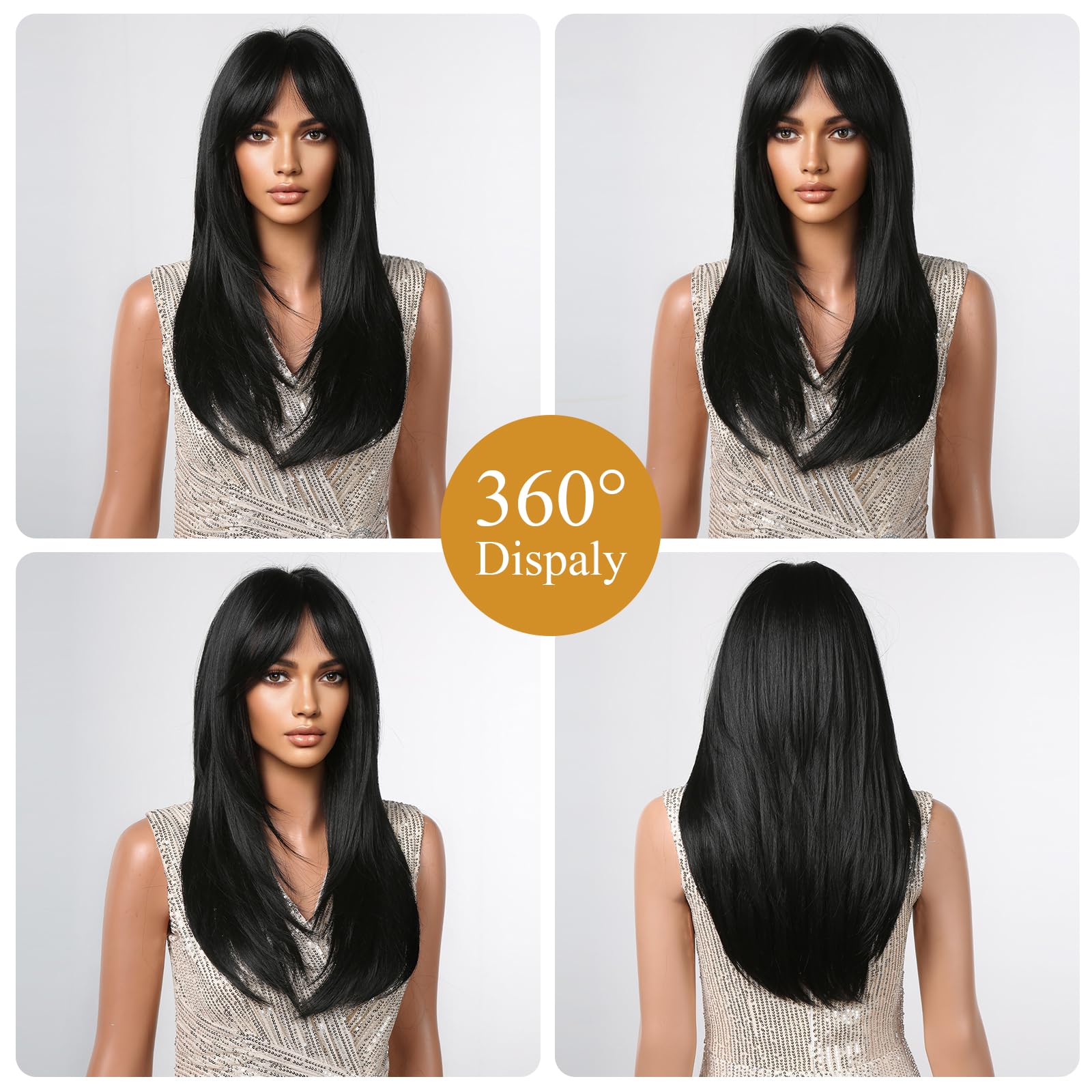 Testar Black Wigs For Black Women Long Straight Layered Black Wigs With Curtain Bangs Synthetic Heat Resistant Wig Natural Looki