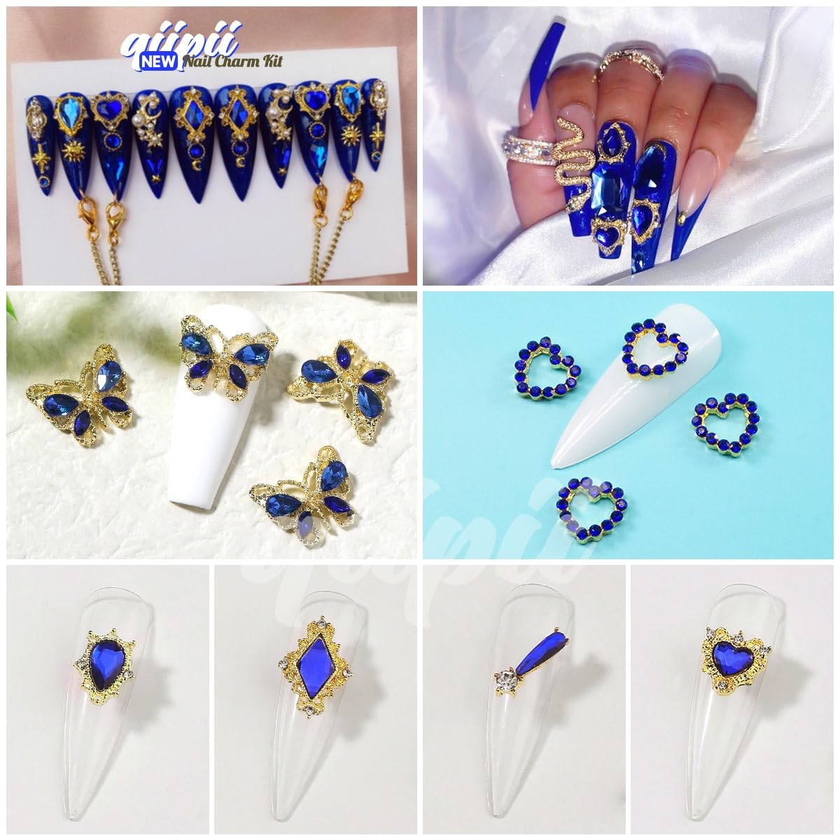 24Pcs Blue Luxury Nail Charms +2000Pcs Sapphire Rhinestones 3D Big Nail Gems K9 Glass Royal Blue Nail Crystals Diamonds Jewelry