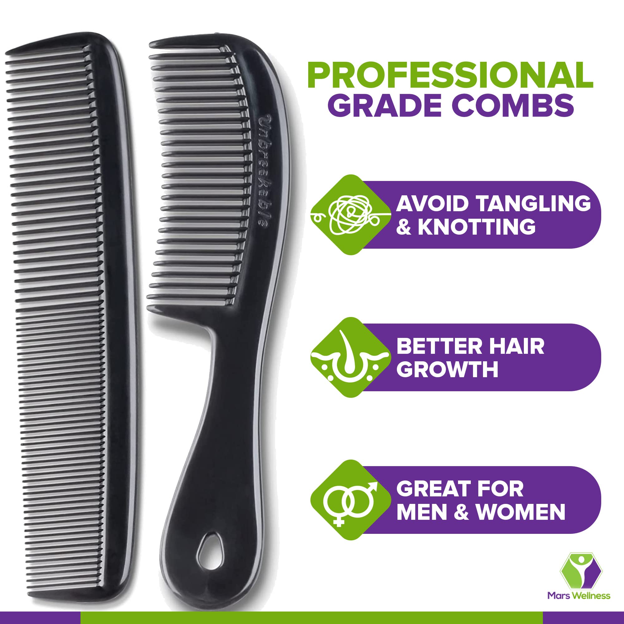 Mars Wellness 4 Piece Professional Comb Set Black - Usa Made - Fine Pro Tail Combs, Dresser Hair Comb Styling Comb - Premium Gra