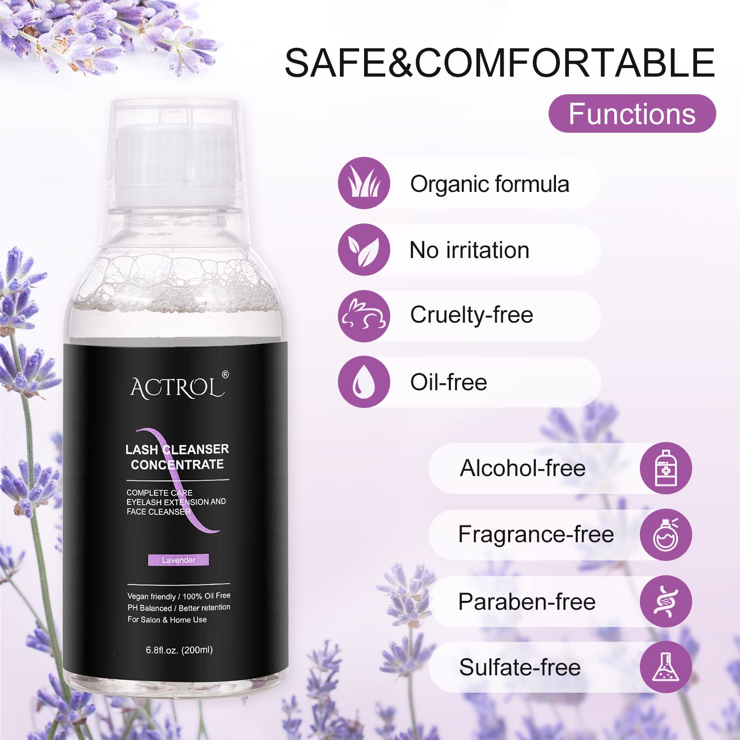 Actrol Eyelash Cleanser Concentrate 200Ml Lavender Professional Lash Shampoo Foaming Cleanser Lash Wash Concentrate For Extensio
