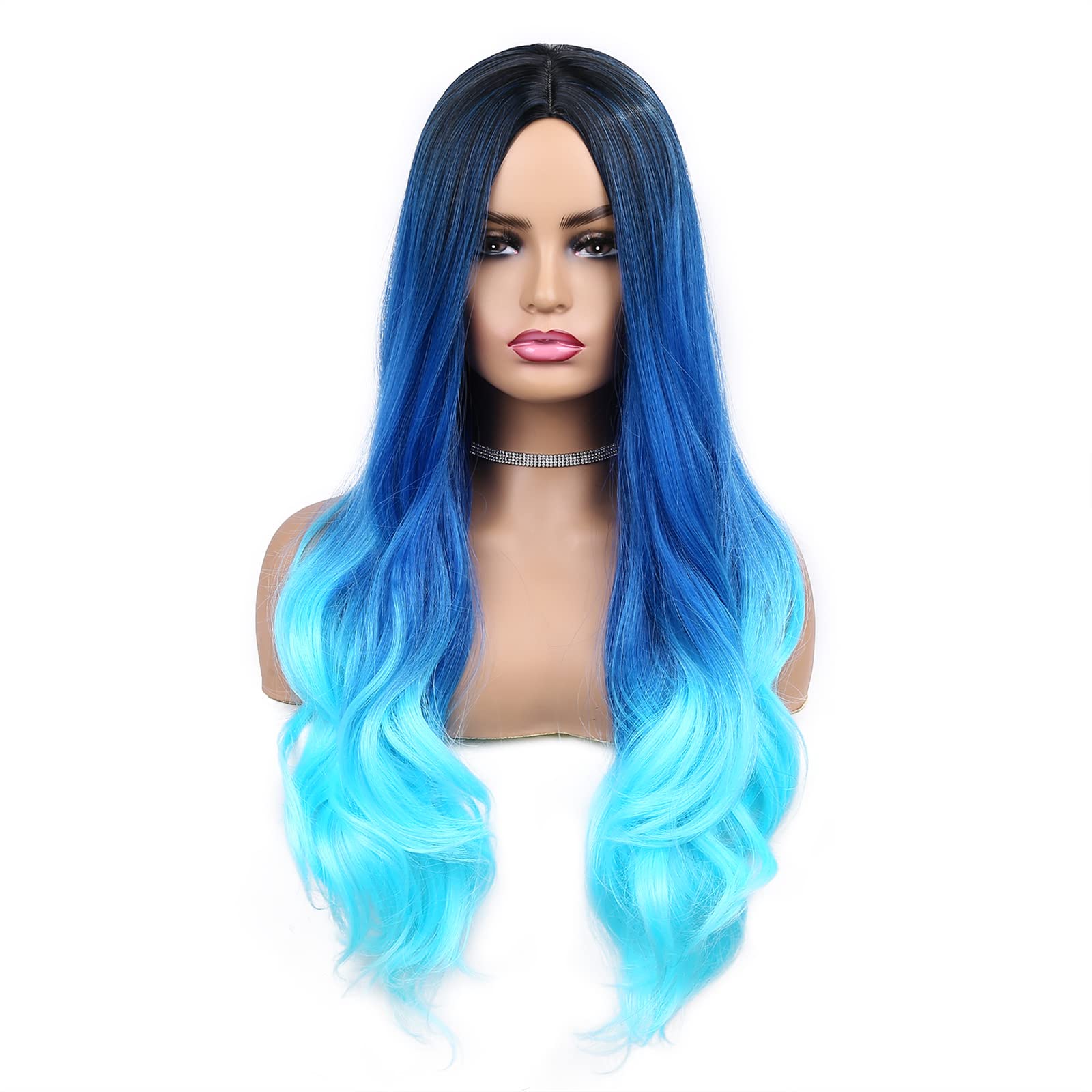 Hanne Long Blue Wavy Wigs For Women 26 Inch Middle Part Blue Ombre Wig Body Wave Long Curly Synthetic Wig Heat Resistant Black A