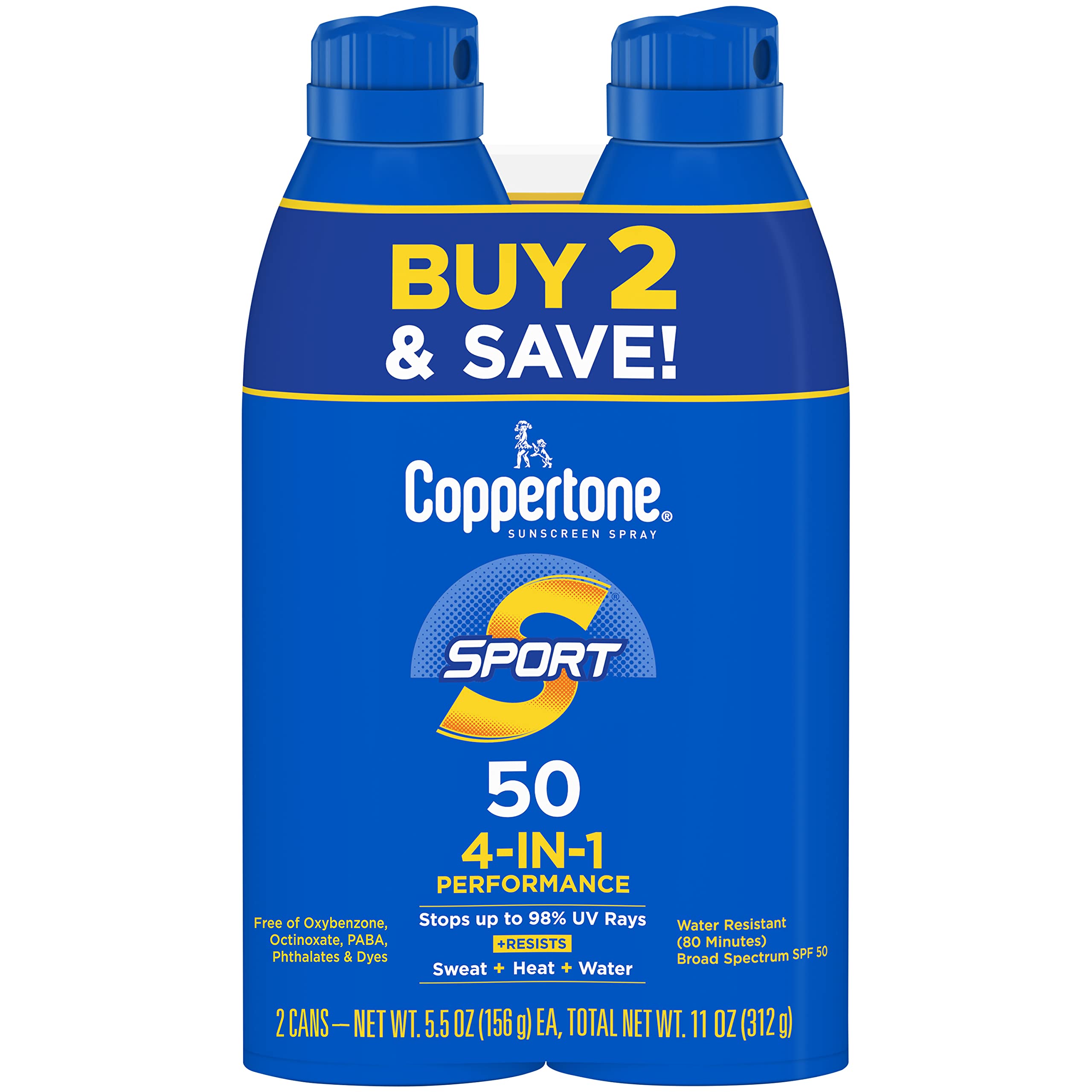 Coppertone Sport Sunscreen Spray Spf 50, Water Resistant Spray Sunscreen, Broad Spectrum Spf 50 Sunscreen Pack, 5.5 Oz Spray, Pa