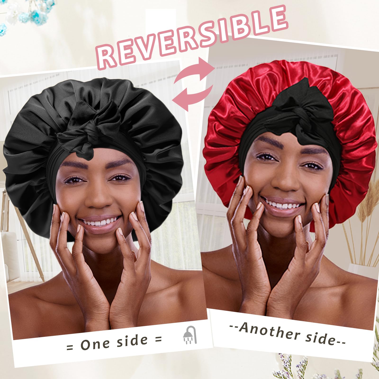 Reversible Satin Bonnet For Women With 3Pcs Hair Scrunchies Tie Band Hair Bonnet For Sleeping Large 2 Layered Silk Sleeping Cap