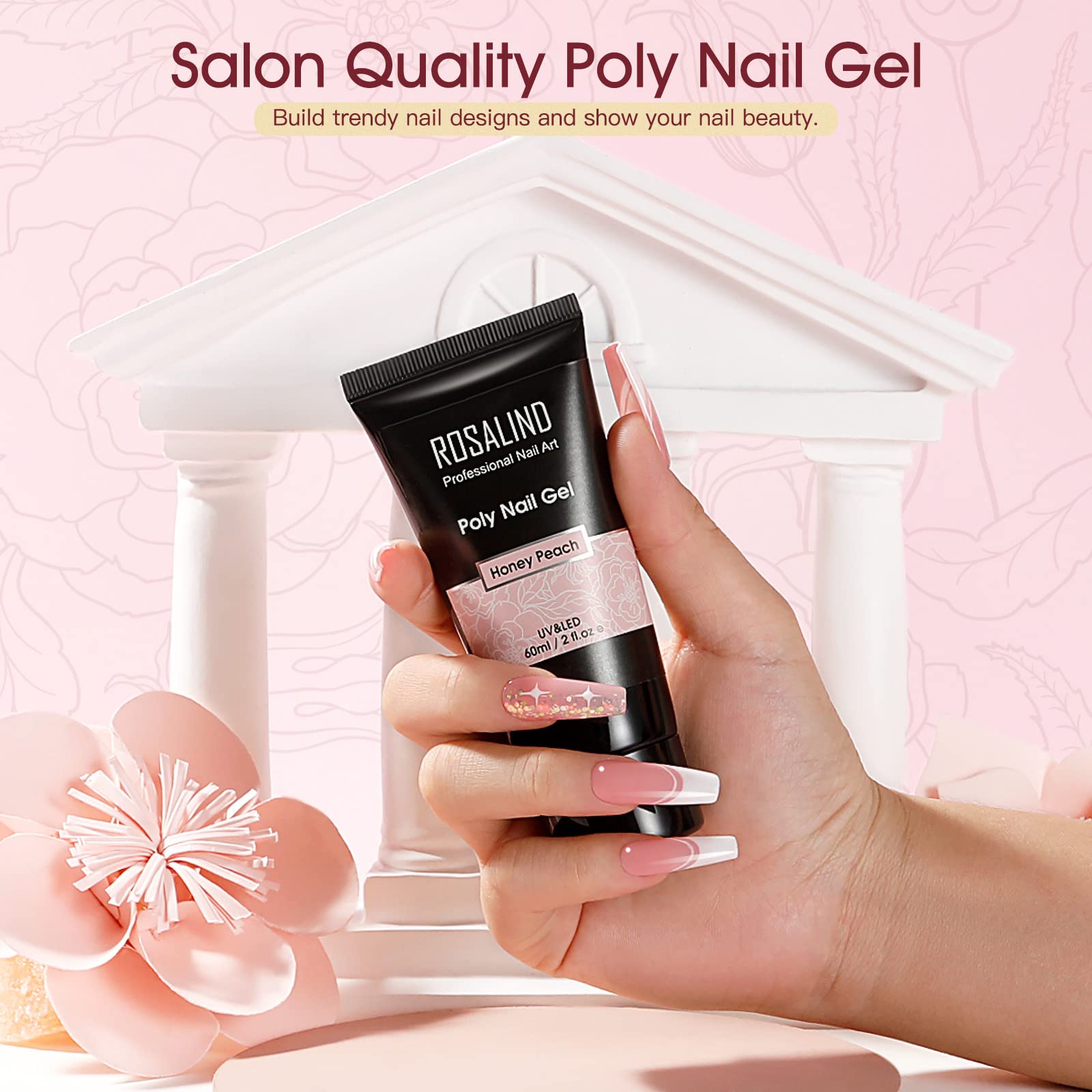 Rosalind 60Ml Pink Poly Nail Gel, Peach Pink Poly Extension Gel For Nails Nature Poly Pink Gel Color Builder Nail Strengthen Gel