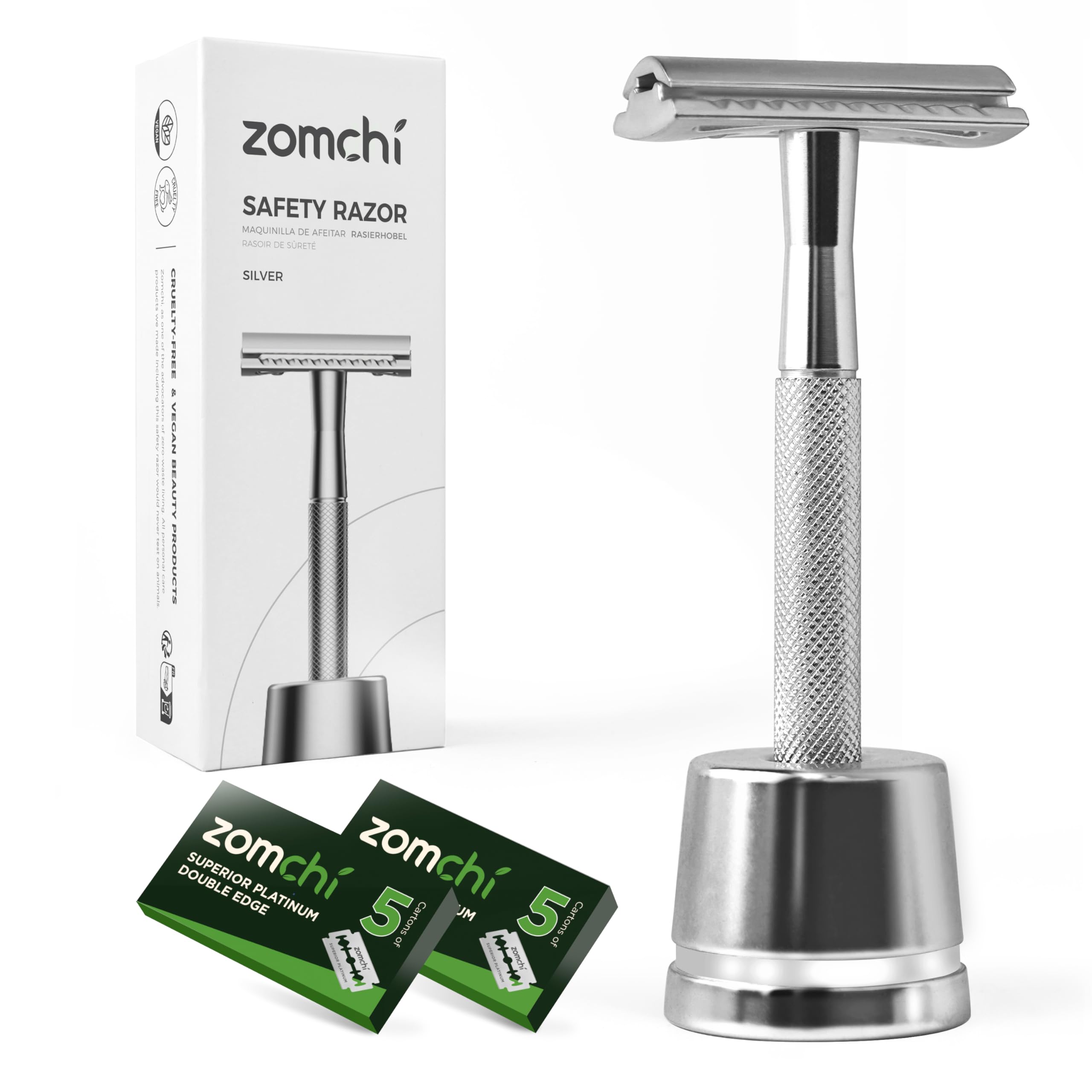 ZOMCHI DE Safety Razor with 10 Safety Razor Blades, Reusable Metal Razor for Men & Women with Razor Stand, Plastic Free Razors -