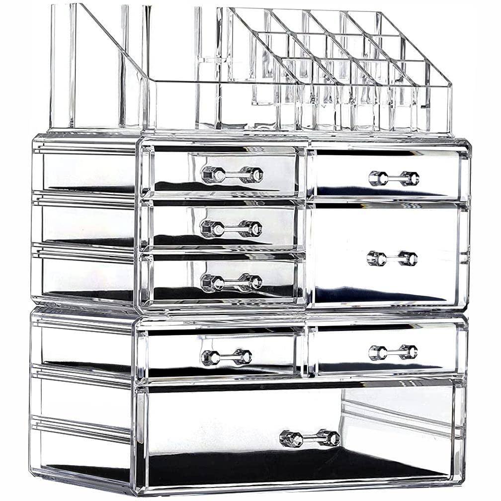 Large Clear Makeup Organizer Skin Care Cosmetic Display Cases Stackable Storage Box Make up Container Cube With 8 Drawers,Set of