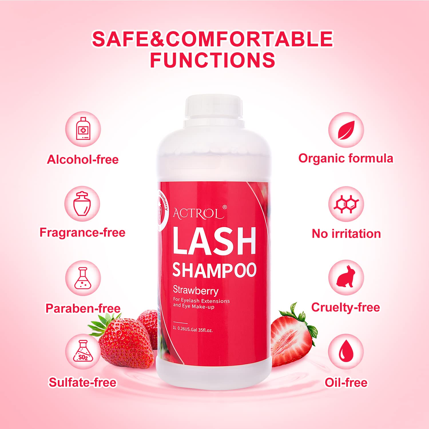 Actrol Eyelash Extension Cleanser Strawberry 1L Natural Lash Extension Shampoo Professional Eyelid Foaming Cleanser Paraben & Su