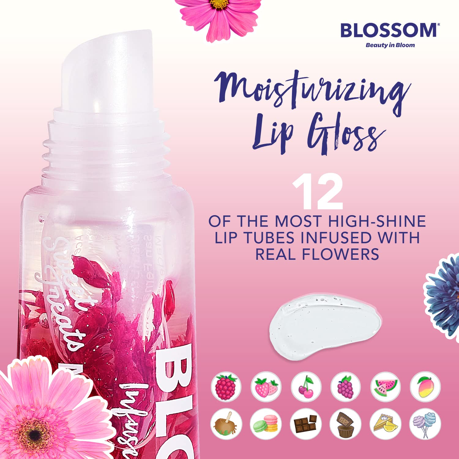 Blossom Scented Moisturizing Lip Gloss Tubes, Infused With Real Flowers, 0.3 Fl. Oz/9Ml, Coconut