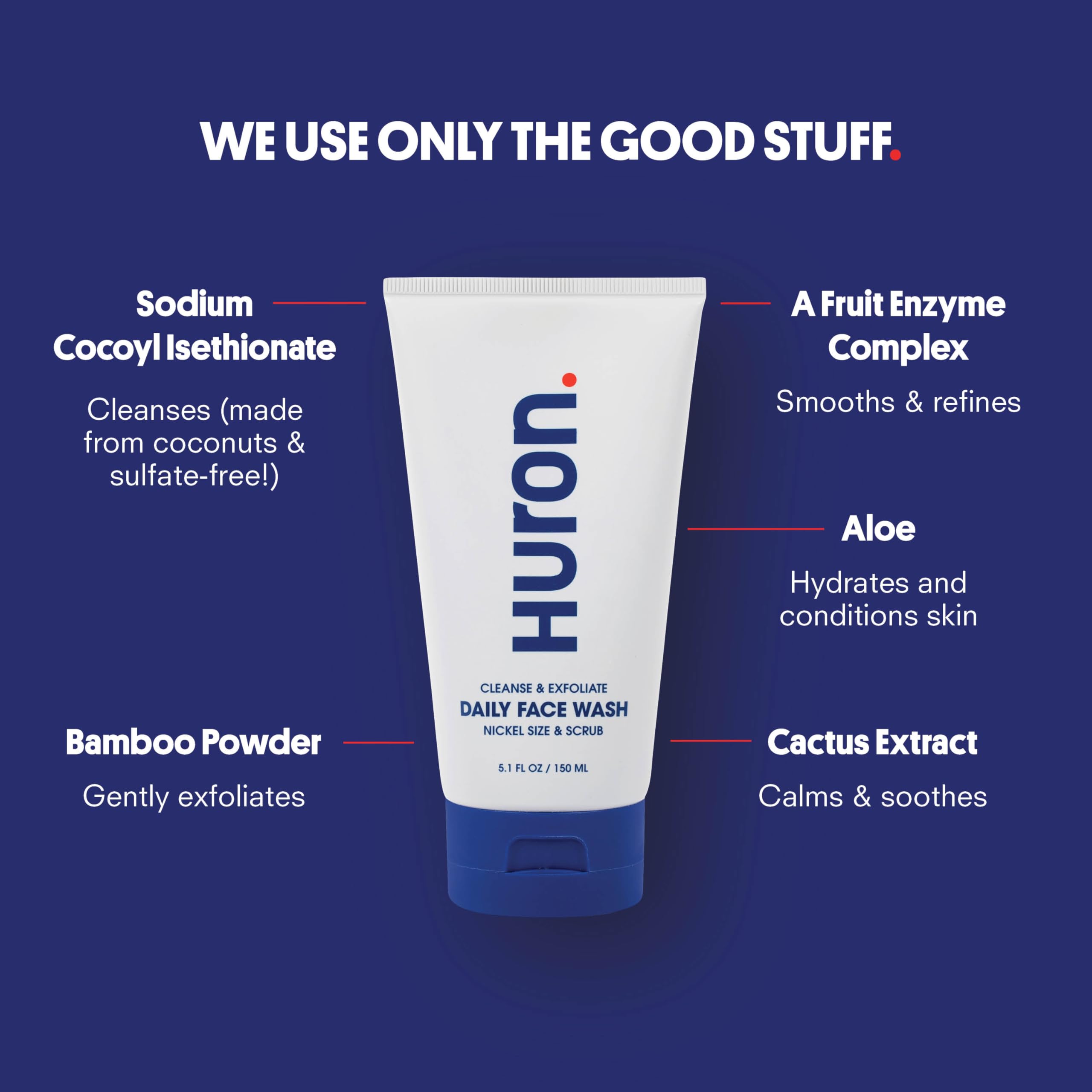 Huron Mens Face Wash - Daily Deep Facial Cleanser & Mild Exfoliator - Cleans, Conditions, & Hydrates Skin - Subtle Energizing Sc