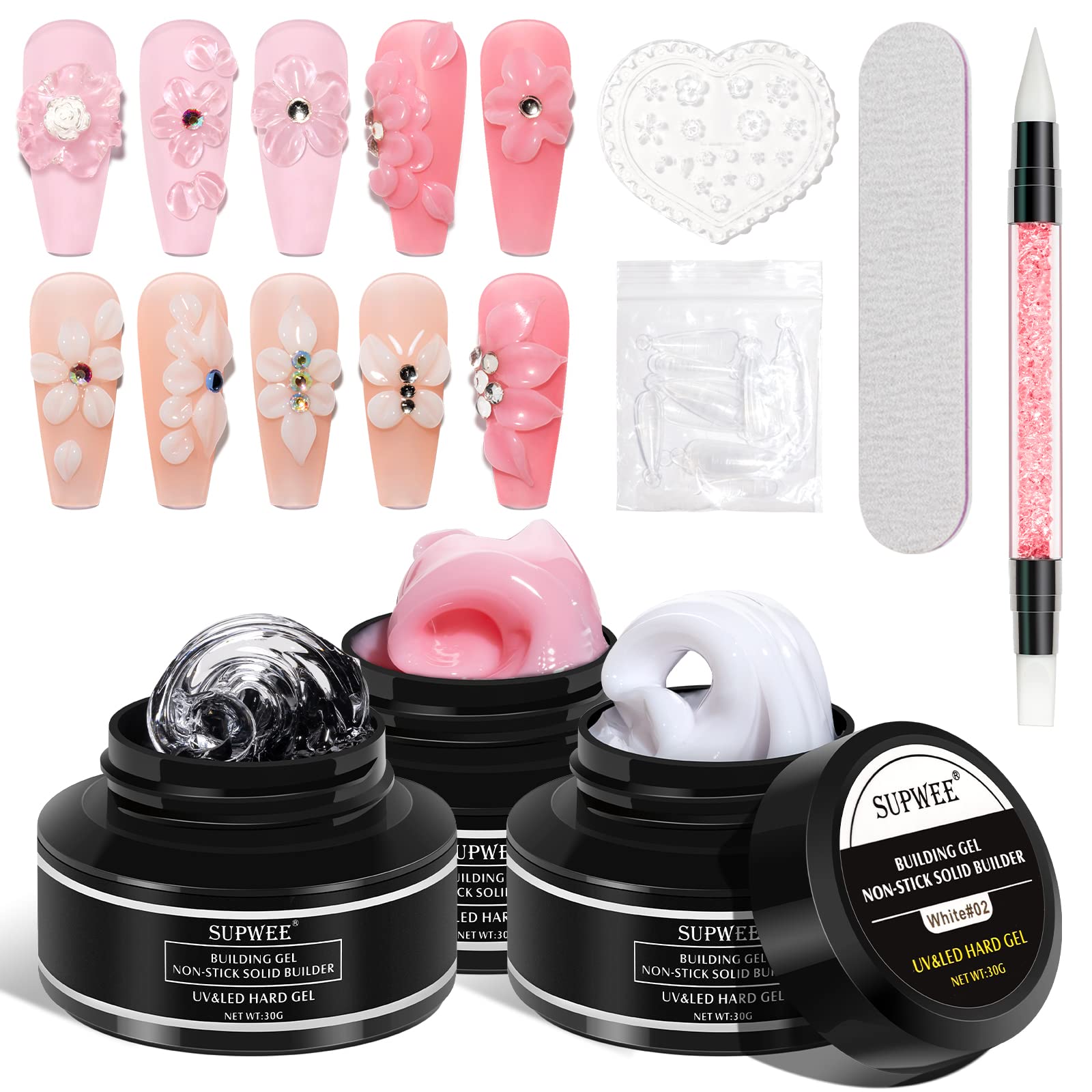 SUPWEE Solid Builder Gel for Nail Extension 3D Nail Gel Art Non Stick Hand Sculpture Hard Gel with Dual Form Flower Nail Strengt