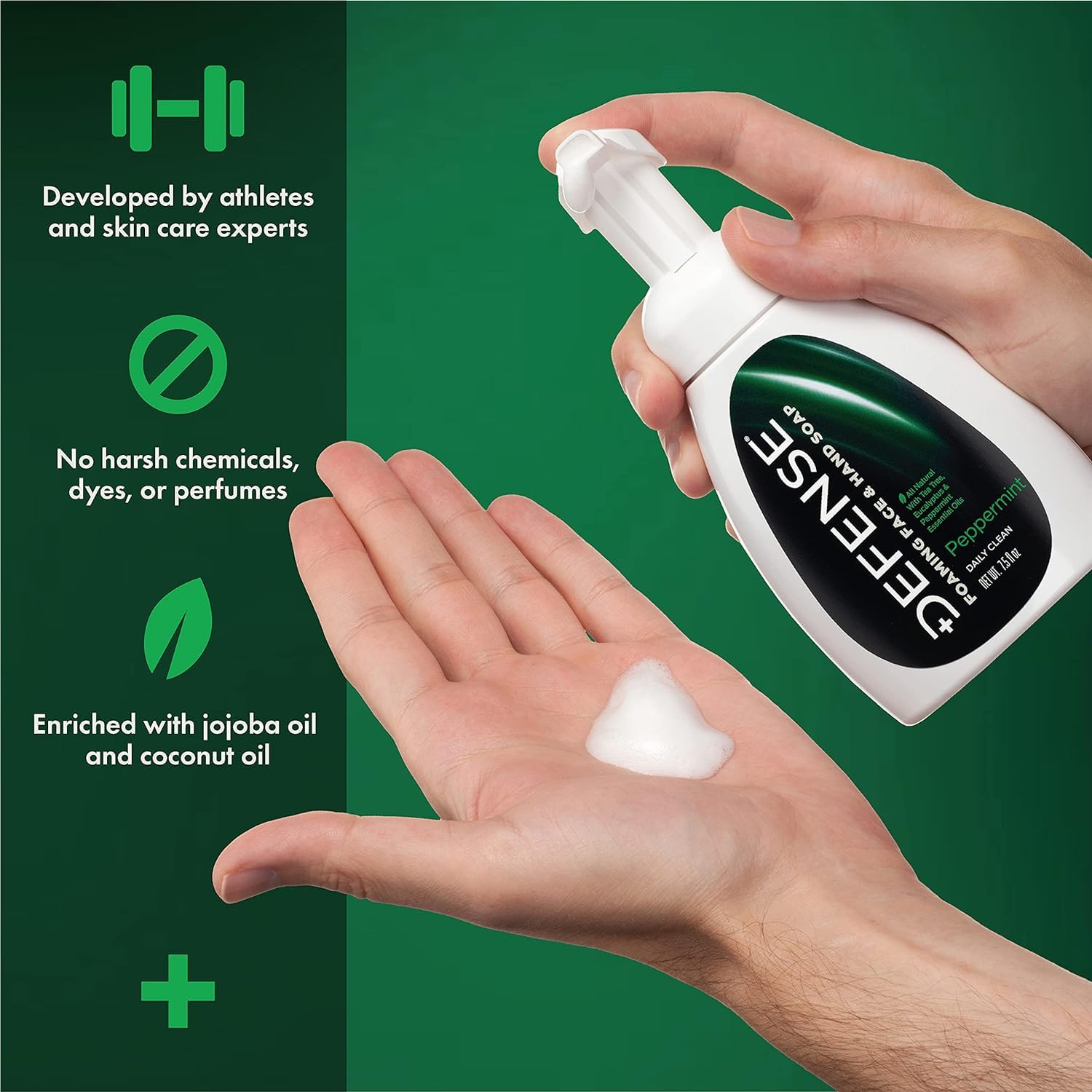 Defense Liquid Foaming Face & Hand Soap, Original + Peppermint 7.5 Fl Oz Combo With Tea Tree, Eucalyptus, Jojoba, Aloe Vera, Oli