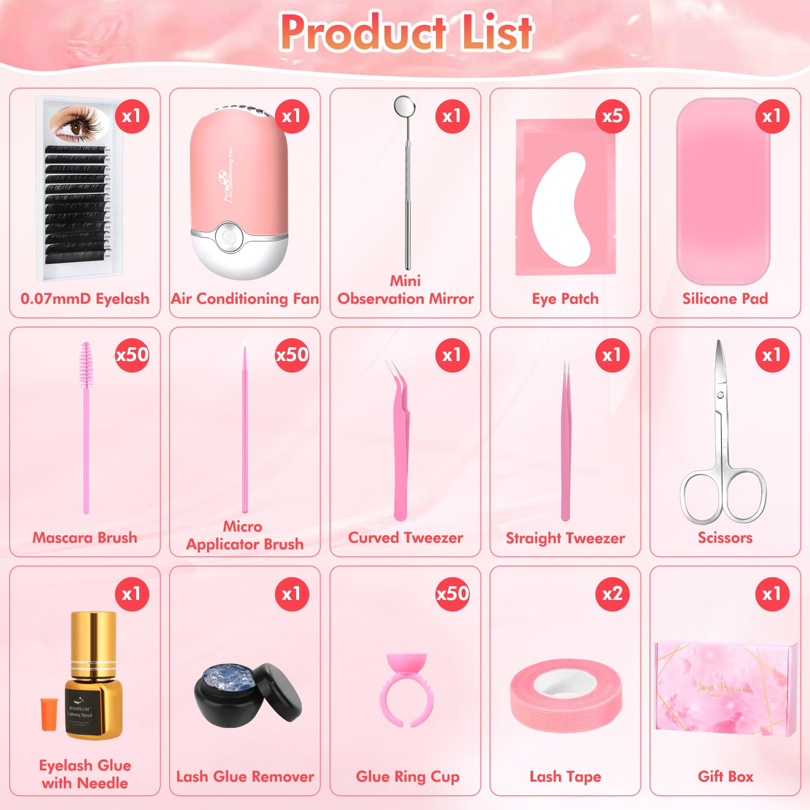 Roadplum Professional Lash Extension Kit, Lash Cleaning Kit With Fan Dryer, D Curl Eyelash, Extension Glue, Remover, Tweezers, E