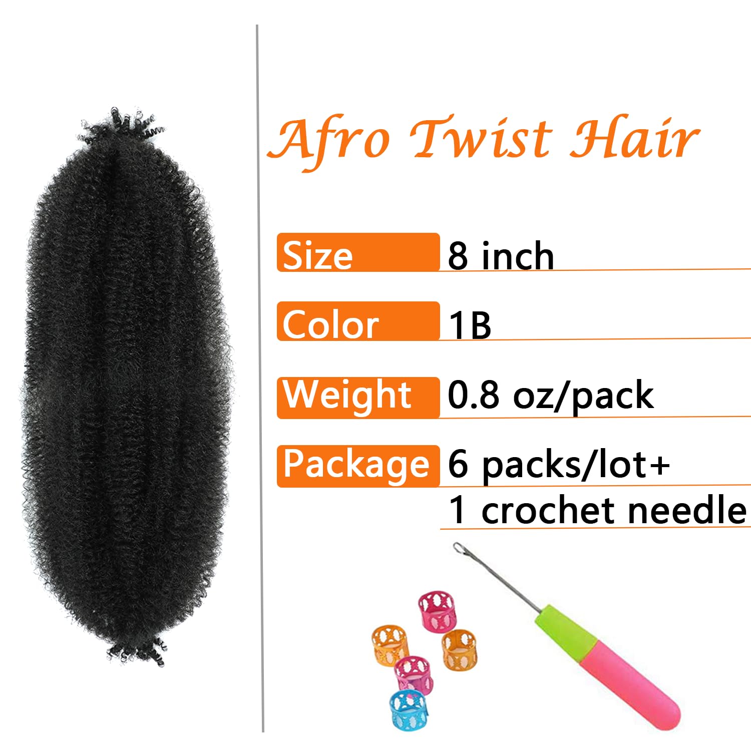 Springy Afro Twist Hair 8 Inch 6 Packs Black Color Pre Fluffed Marley Twist Braiding Hair For Black Women (8 Inch, 6 Packs, 1B)