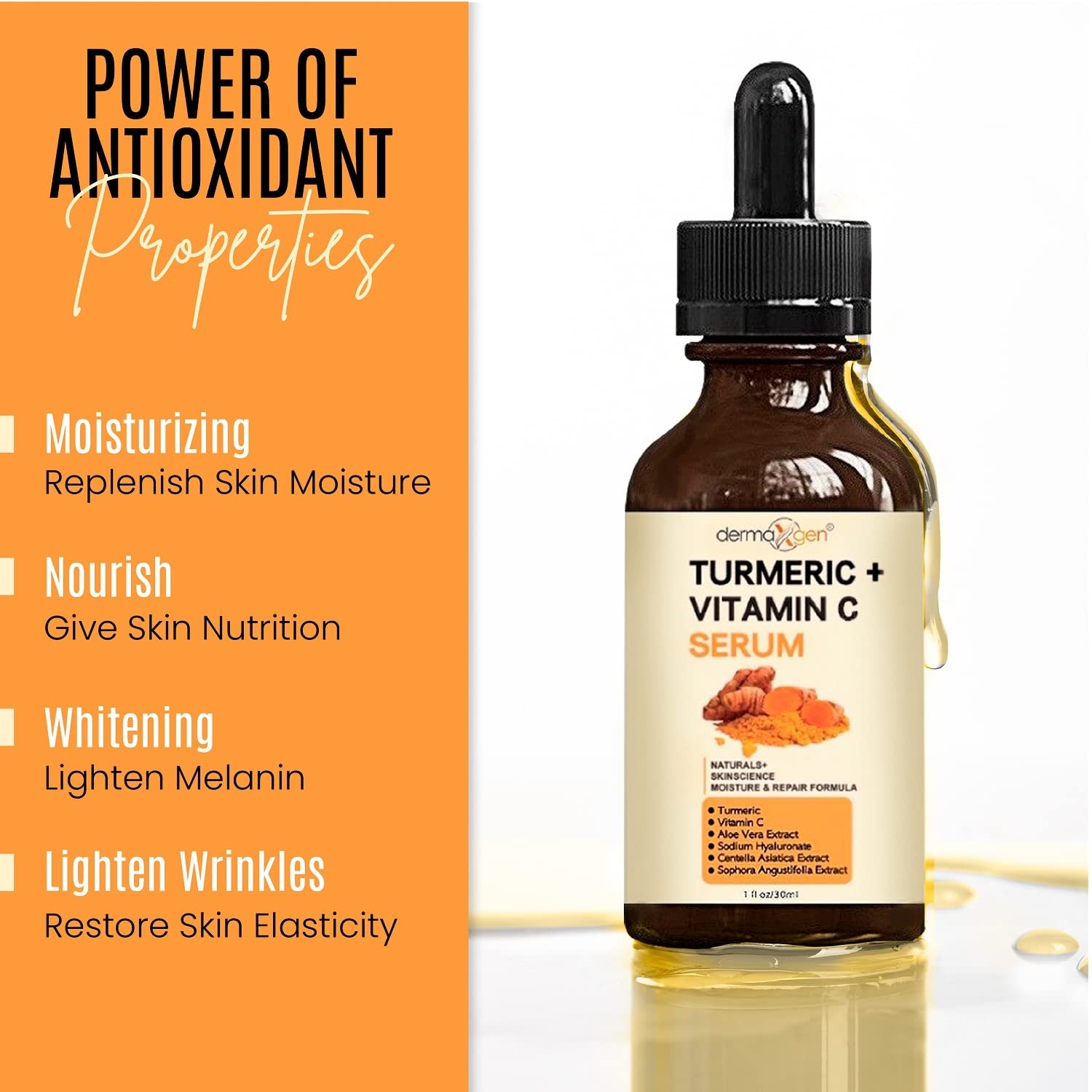 Dermaxgen Turmeric Face Serum + Vitamin C: Organic Moisturizer For Acne Reduction, Clear Skin Tone, & Anti-Aging Benefits - Hydr