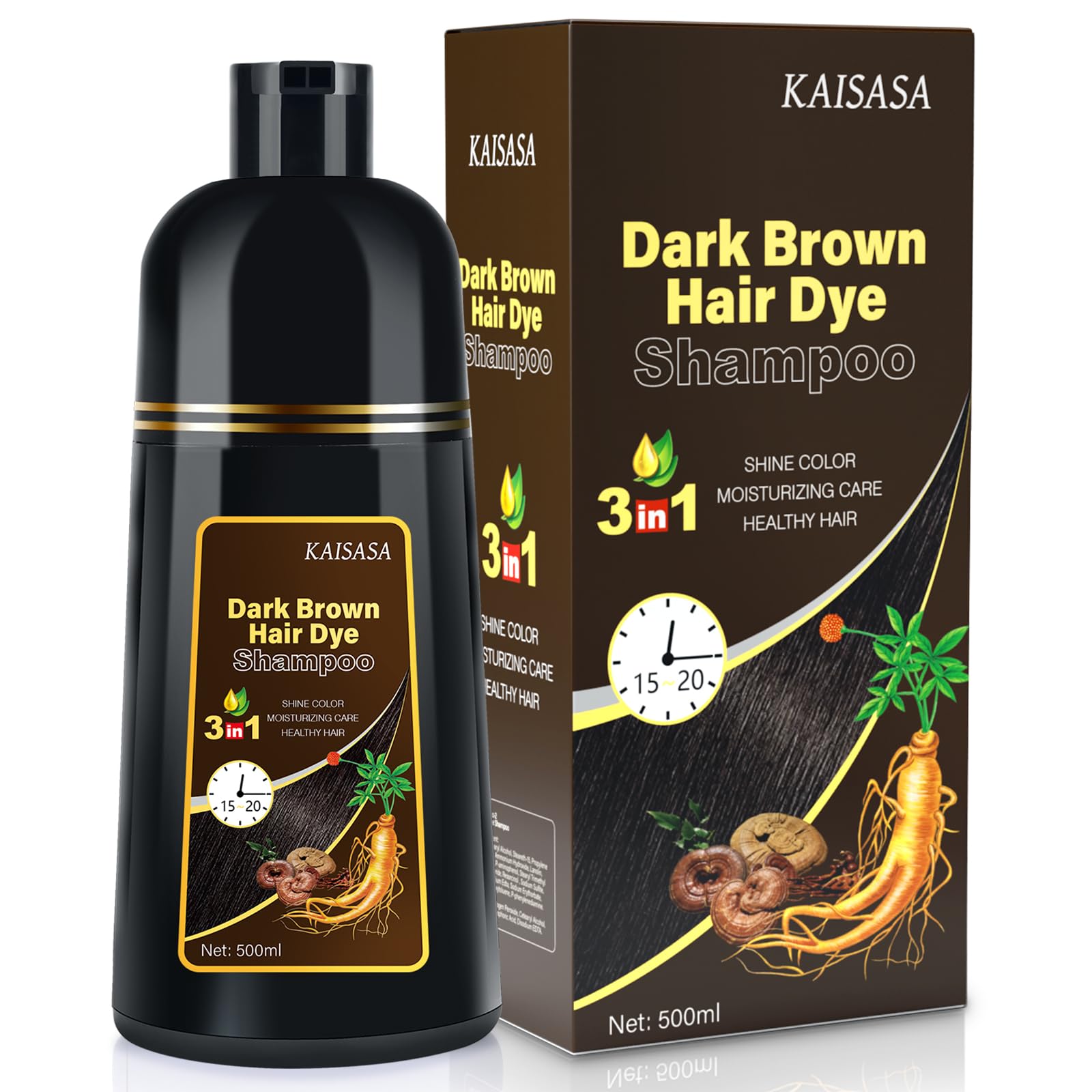 Dark Brown Hair Dye Shampoo, Hair Color Shampoo 3 in 1, Semi-Permanent Gray Hair Coverage for Woman & Man, Mild Formula, Lasts 3