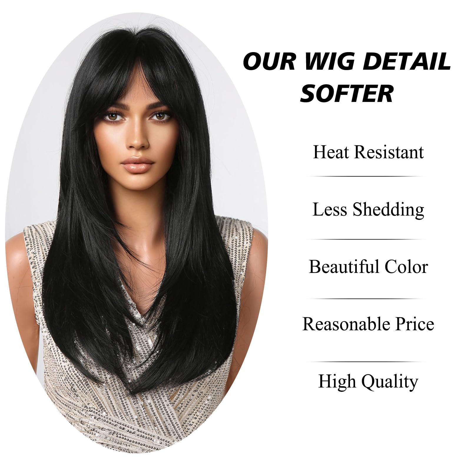 Testar Black Wigs For Black Women Long Straight Layered Black Wigs With Curtain Bangs Synthetic Heat Resistant Wig Natural Looki