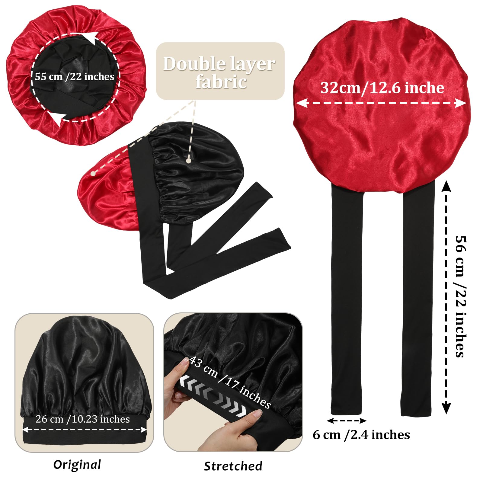 Reversible Satin Bonnet For Women With 3Pcs Hair Scrunchies Tie Band Hair Bonnet For Sleeping Large 2 Layered Silk Sleeping Cap
