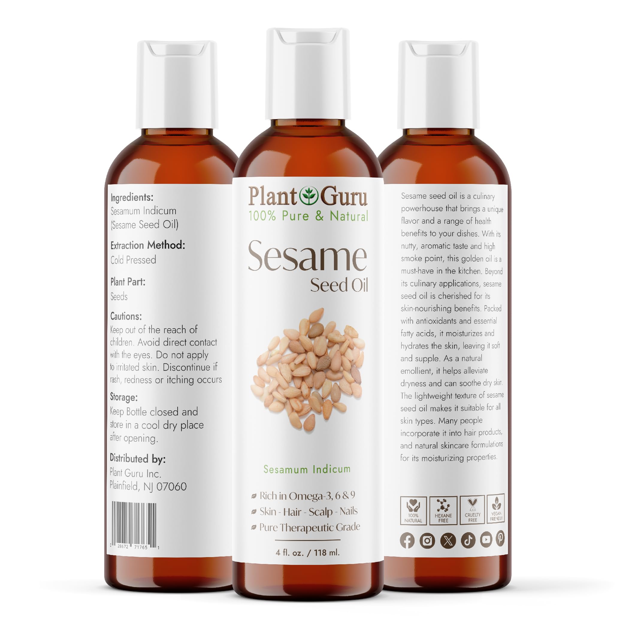 Sesame Seed Oil 4 Oz Cold Pressed Carrier 100% Pure Natural For Skin, Body, Face, And Hair Growth Moisturizer. Great For Creams,