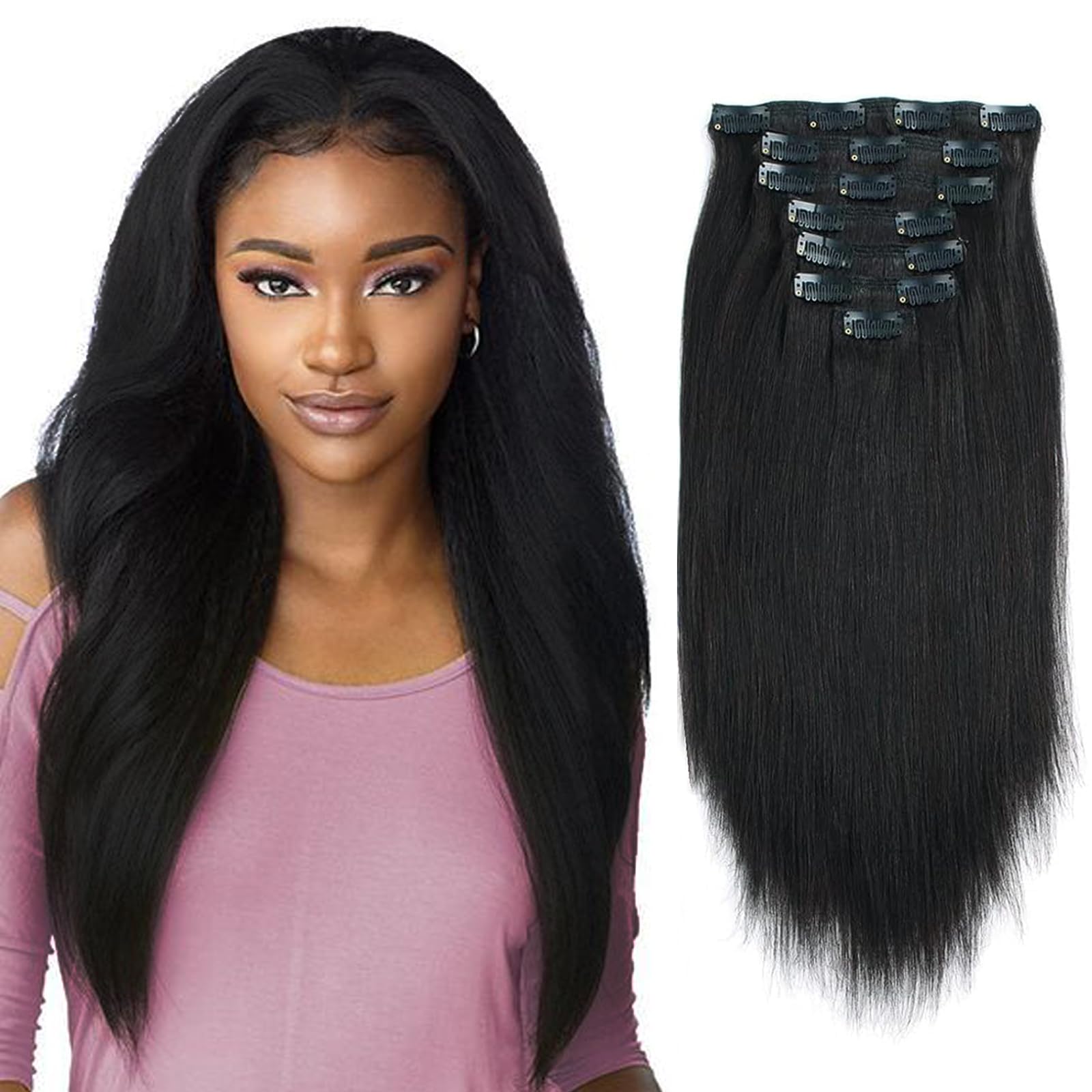 Lovrio Yaki Clip in Hair Extensions Human Hair Real Thick Straight Clip in Hair Extensions Human Hair for Black Women, Remy Soft